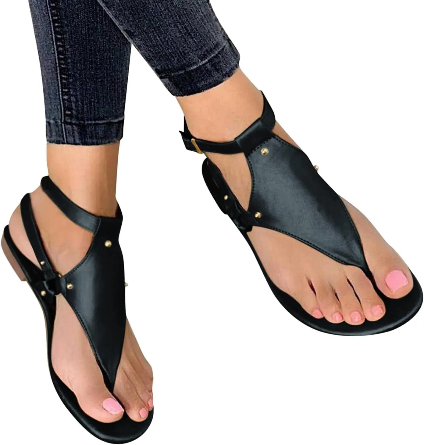 Dressy Thong Flip Flops for Women Open Toe Flat Beach Sandals Buckle Ankle Strap Casual Summer Shoes Outdoor Walking Sandal Ladies Casual Comfy Shoes Breathable Lightweight Sandals