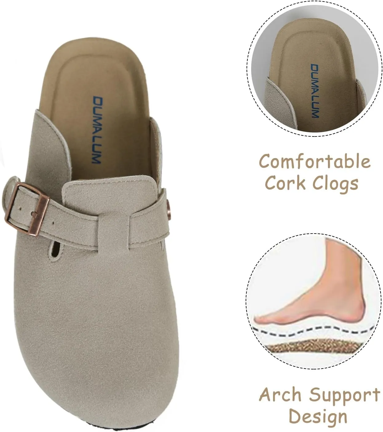 Dumalum Suede Clogs for Women & Men - Comfort Cork Footbed with Arch Support - Adjustable Buckle Mules Slip-On Sandals Unisex Potato Shoes Home Slippers