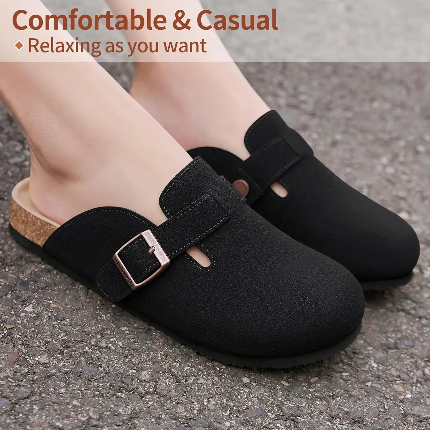 Dumalum Suede Clogs for Women & Men - Comfort Cork Footbed with Arch Support - Adjustable Buckle Mules Slip-On Sandals Unisex Potato Shoes Home Slippers