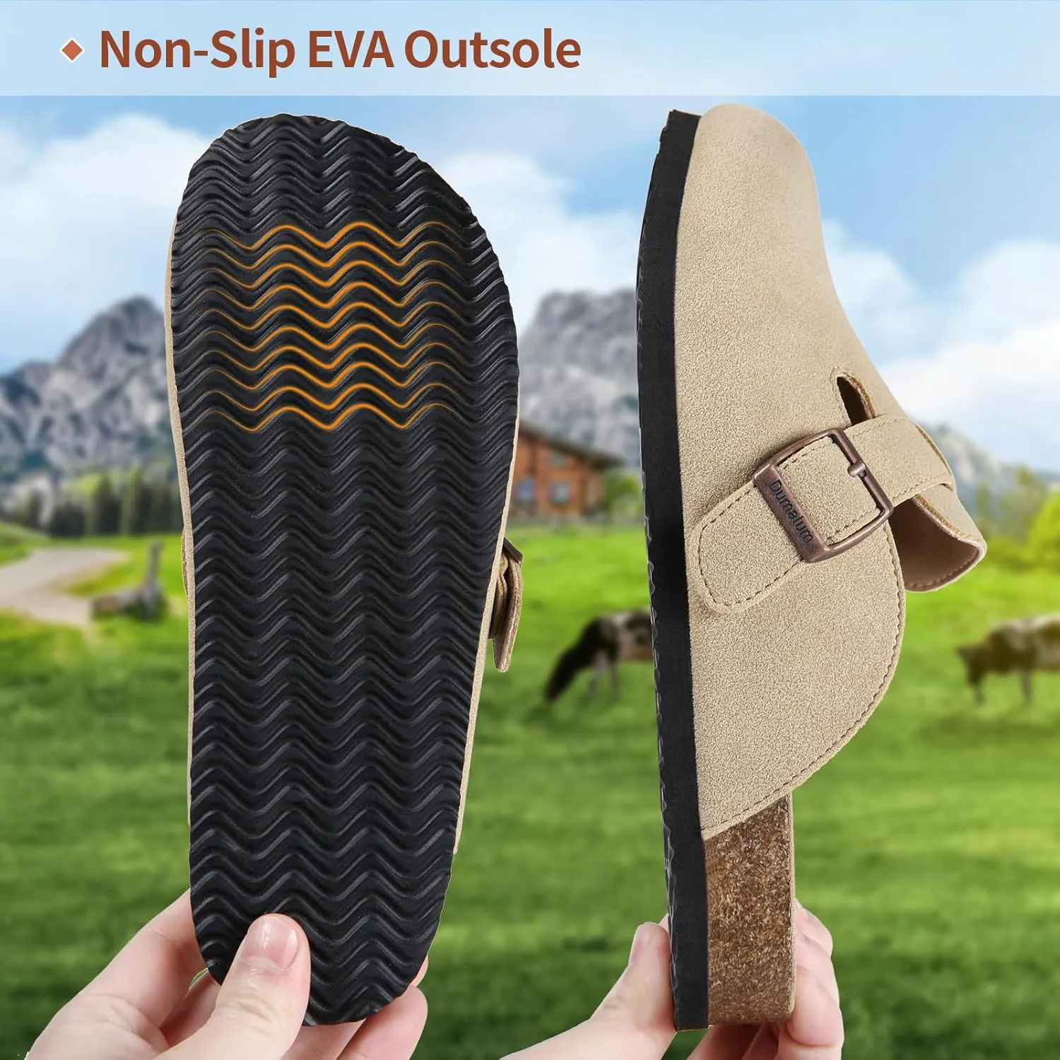 Dumalum Suede Clogs for Women & Men - Comfort Cork Footbed with Arch Support - Adjustable Buckle Mules Slip-On Sandals Unisex Potato Shoes Home Slippers