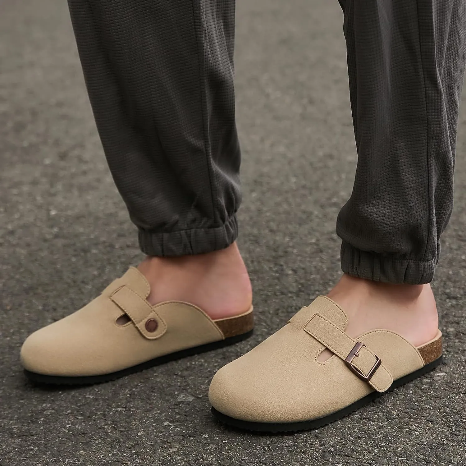 Dumalum Suede Clogs for Women & Men - Comfort Cork Footbed with Arch Support - Adjustable Buckle Mules Slip-On Sandals Unisex Potato Shoes Home Slippers