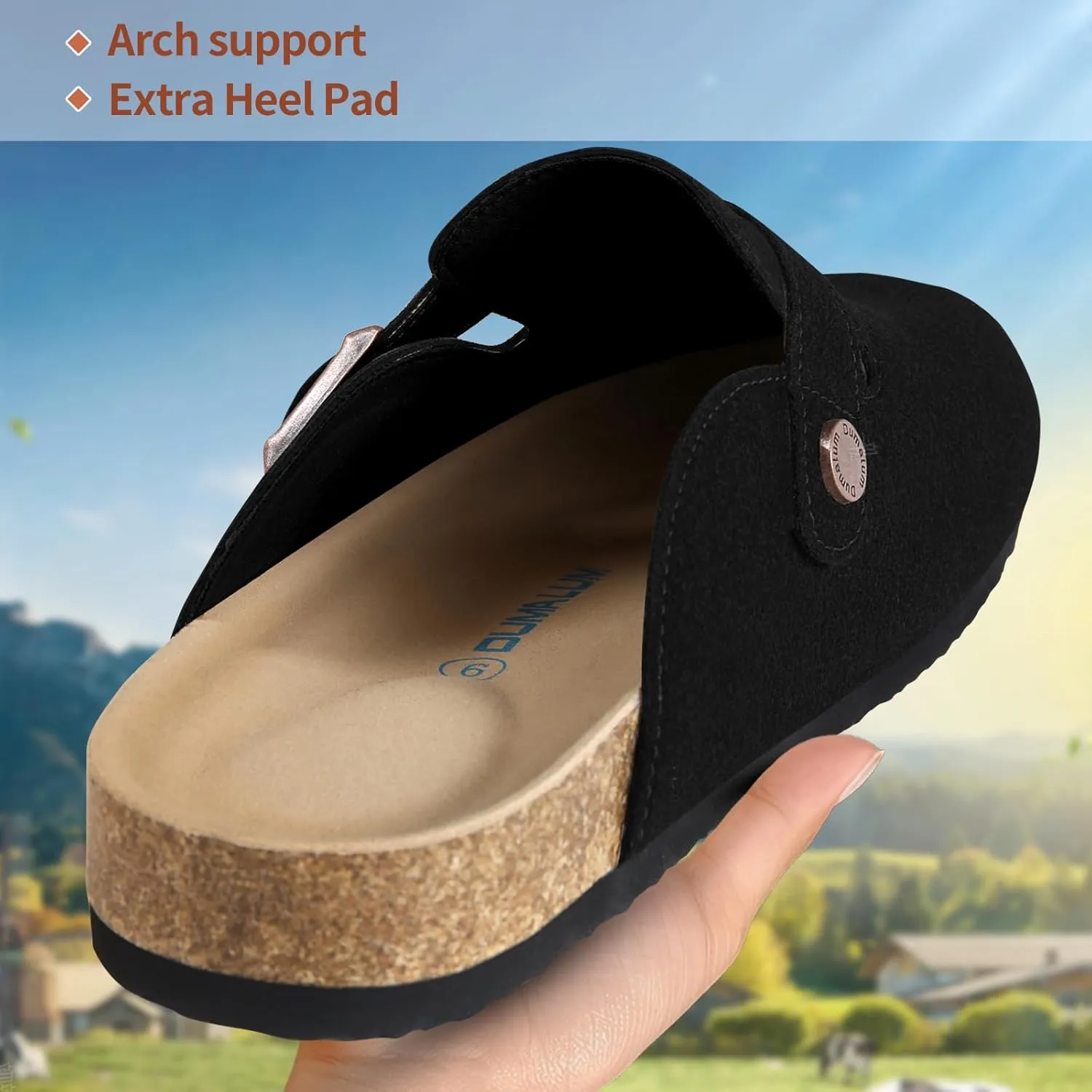 Dumalum Suede Clogs for Women & Men - Comfort Cork Footbed with Arch Support - Adjustable Buckle Mules Slip-On Sandals Unisex Potato Shoes Home Slippers