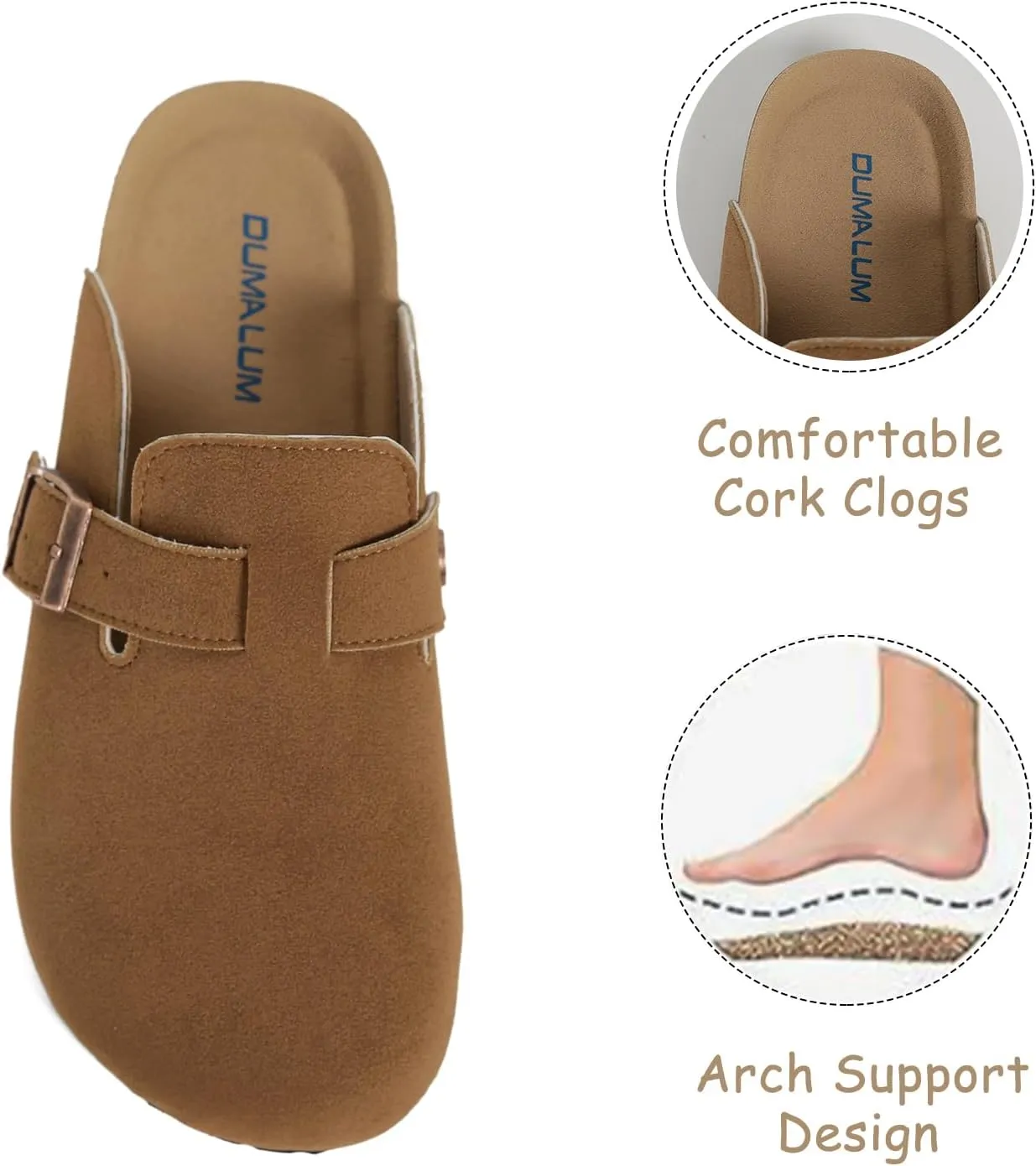 Dumalum Suede Clogs for Women & Men - Comfort Cork Footbed with Arch Support - Adjustable Buckle Mules Slip-On Sandals Unisex Potato Shoes Home Slippers