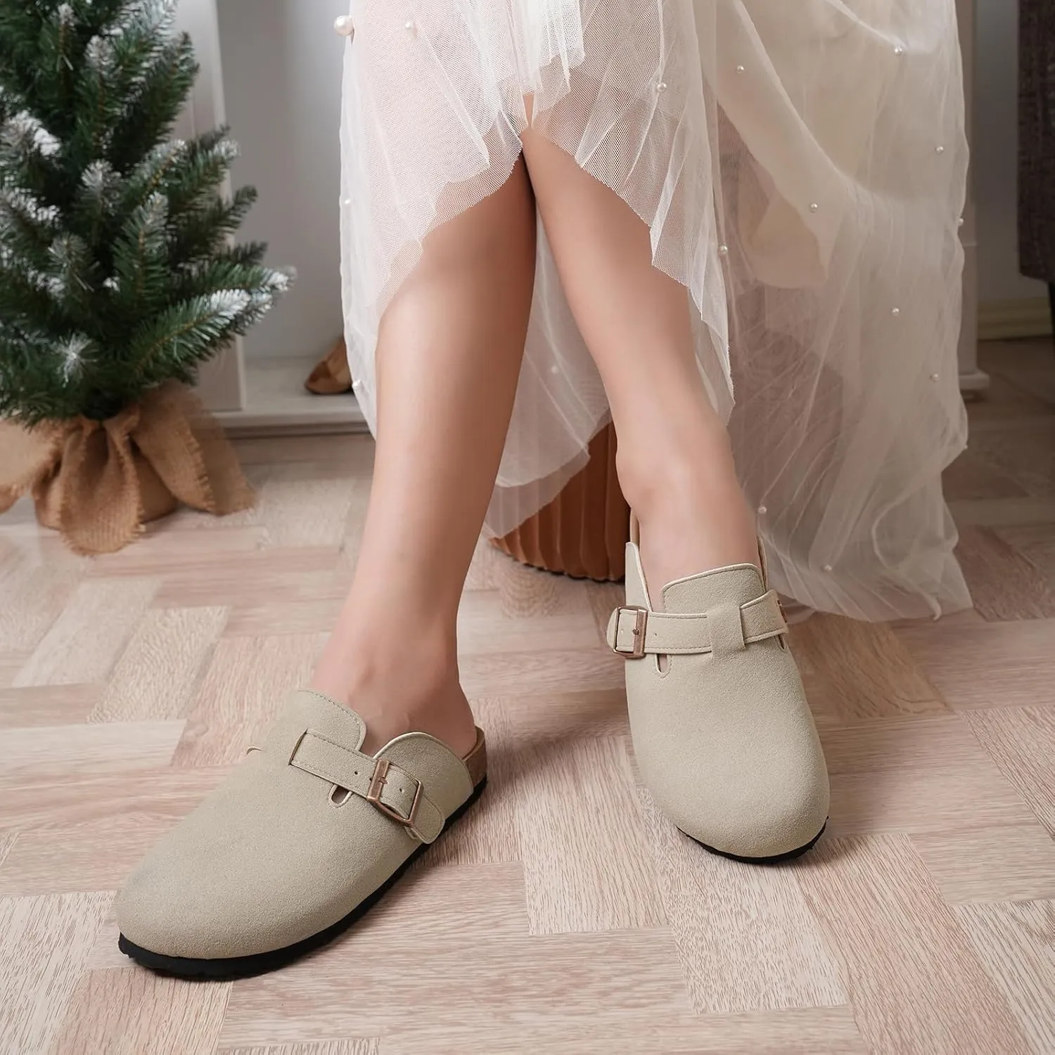 Dumalum Suede Clogs for Women & Men - Comfort Cork Footbed with Arch Support - Adjustable Buckle Mules Slip-On Sandals Unisex Potato Shoes Home Slippers