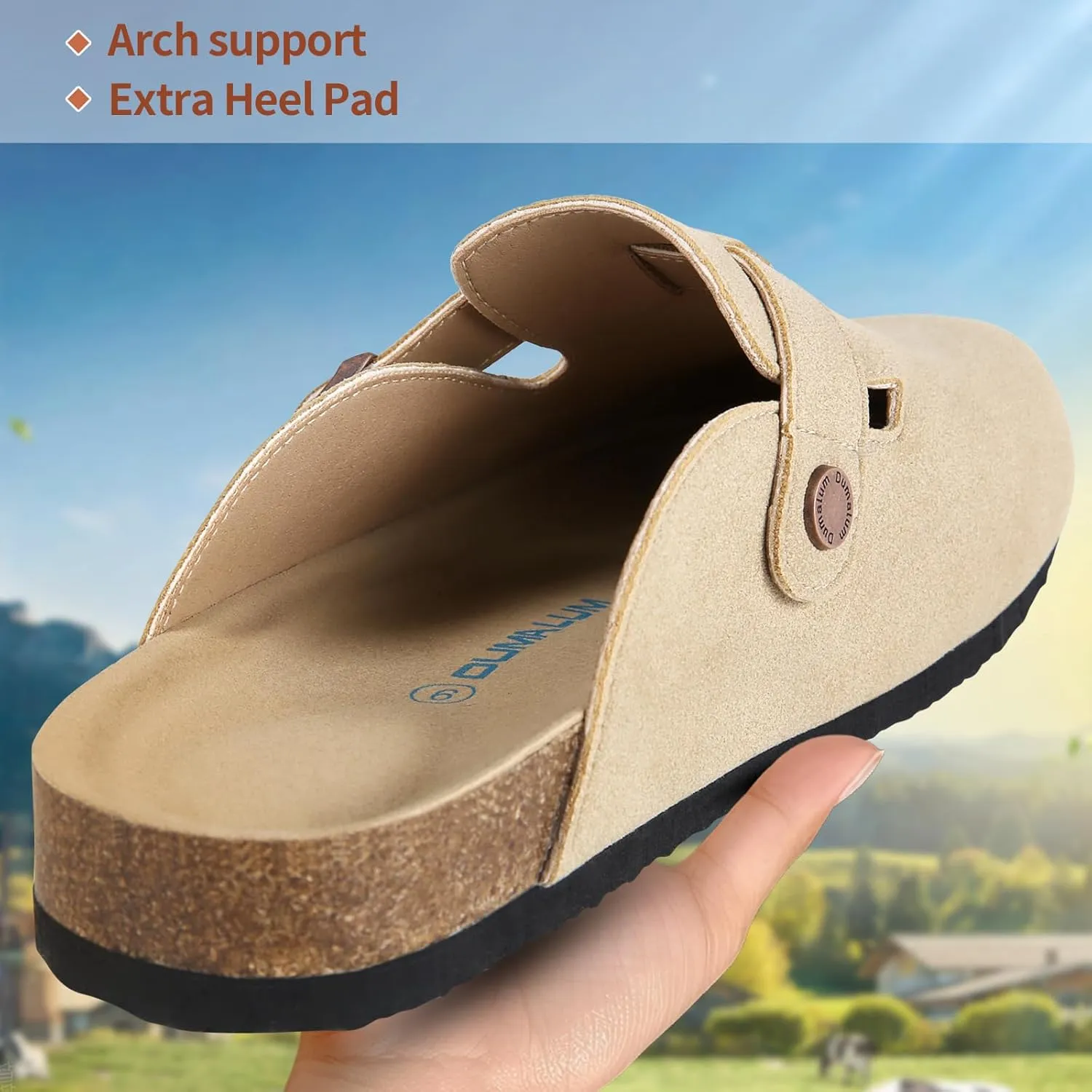 Dumalum Suede Clogs for Women & Men - Comfort Cork Footbed with Arch Support - Adjustable Buckle Mules Slip-On Sandals Unisex Potato Shoes Home Slippers