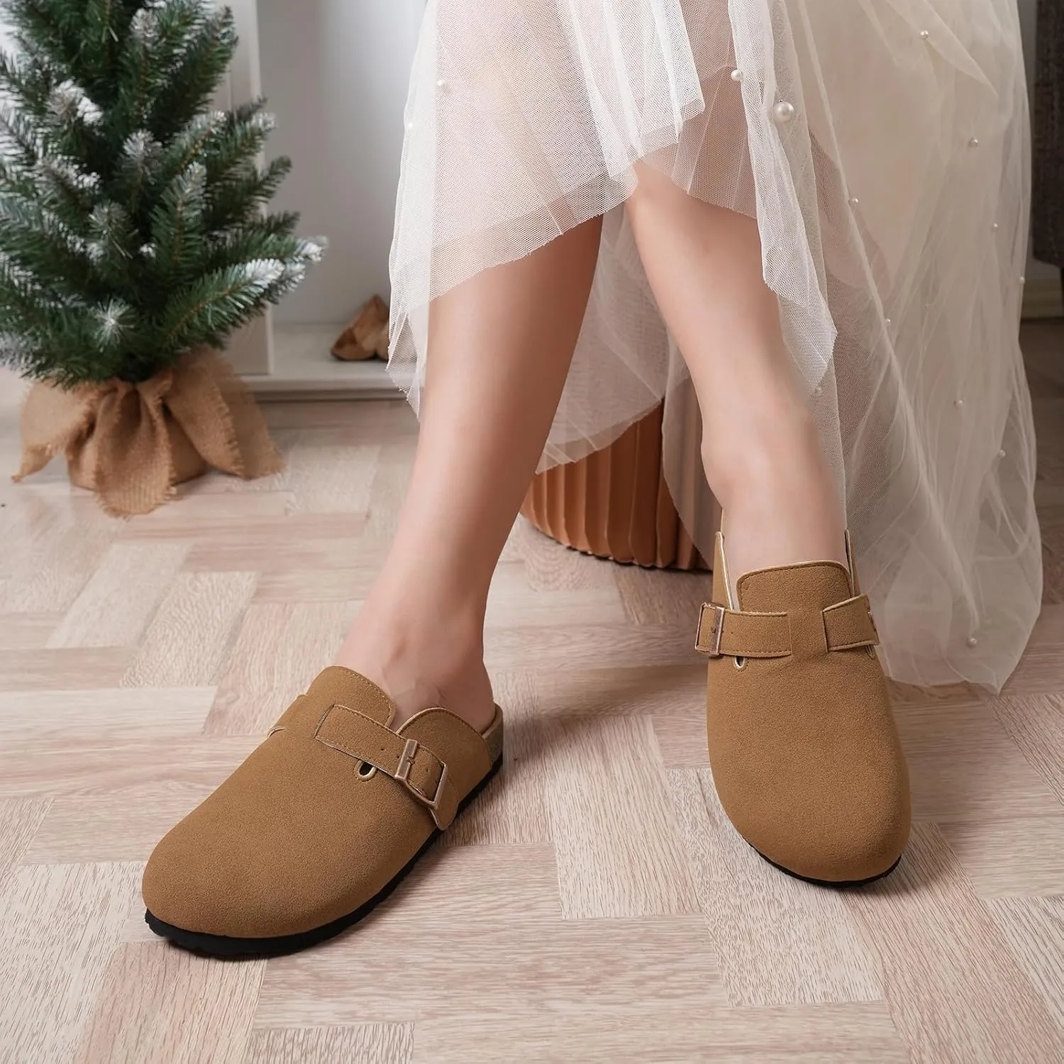 Dumalum Suede Clogs for Women & Men - Comfort Cork Footbed with Arch Support - Adjustable Buckle Mules Slip-On Sandals Unisex Potato Shoes Home Slippers