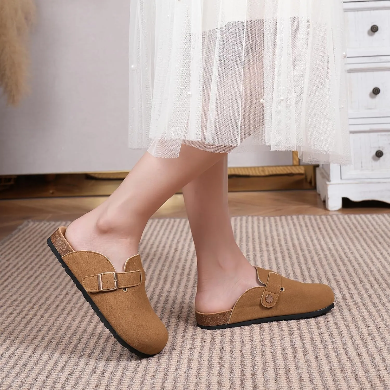Dumalum Suede Clogs for Women & Men - Comfort Cork Footbed with Arch Support - Adjustable Buckle Mules Slip-On Sandals Unisex Potato Shoes Home Slippers
