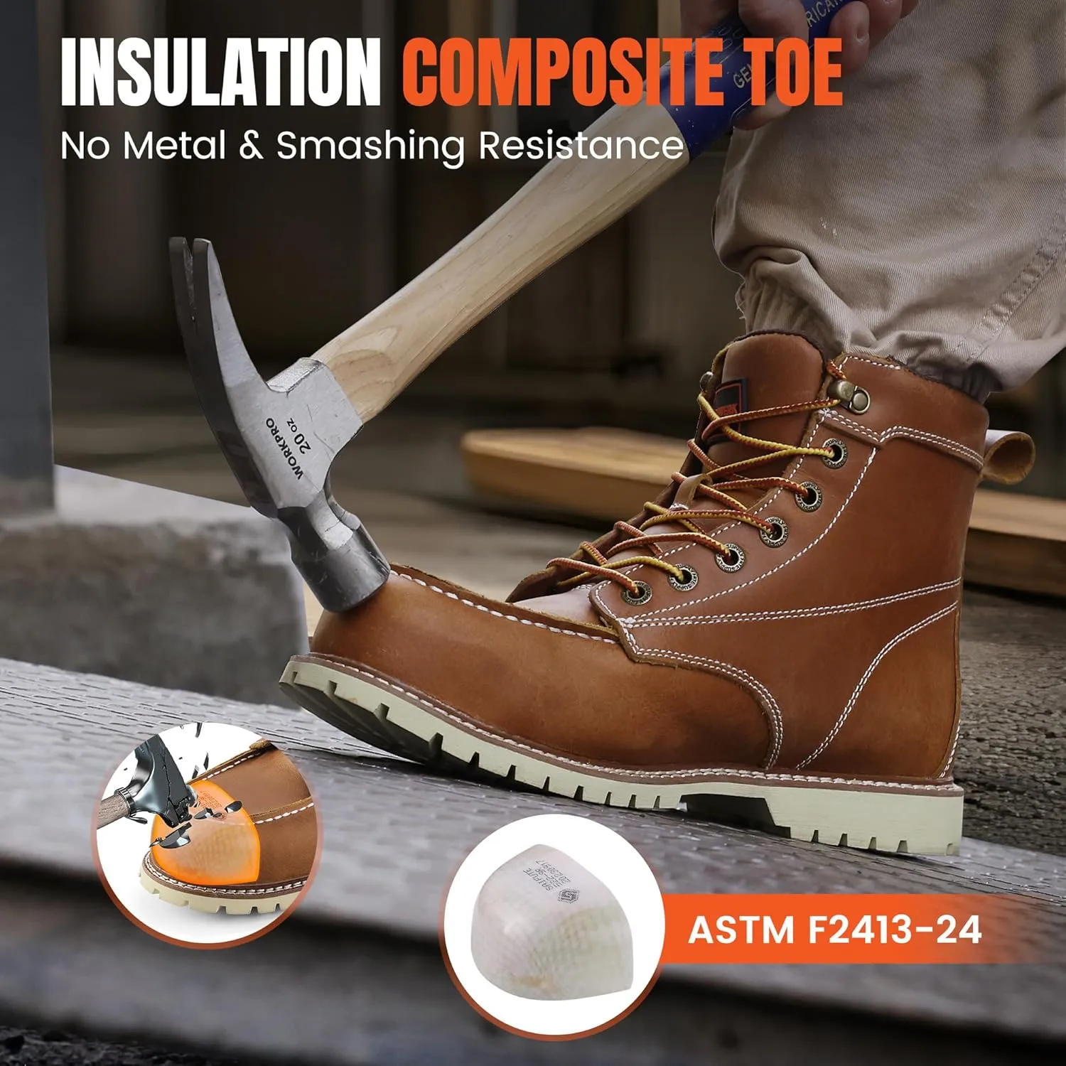 DURAWERK Men's Composite Toe Work Boots, Non-Slip Safety Shoes, Water-Resistant Leather Construction Boots