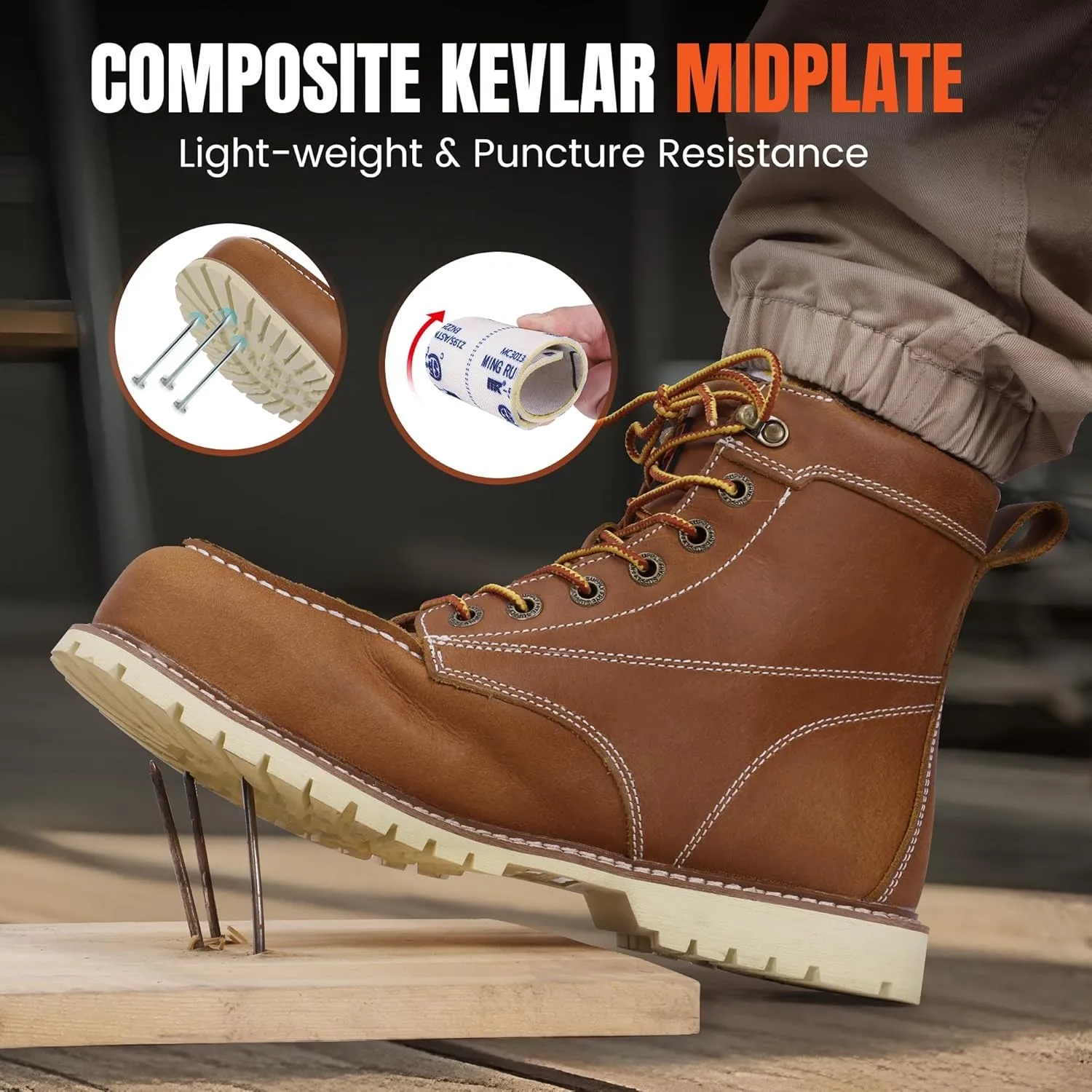 DURAWERK Men's Composite Toe Work Boots, Non-Slip Safety Shoes, Water-Resistant Leather Construction Boots