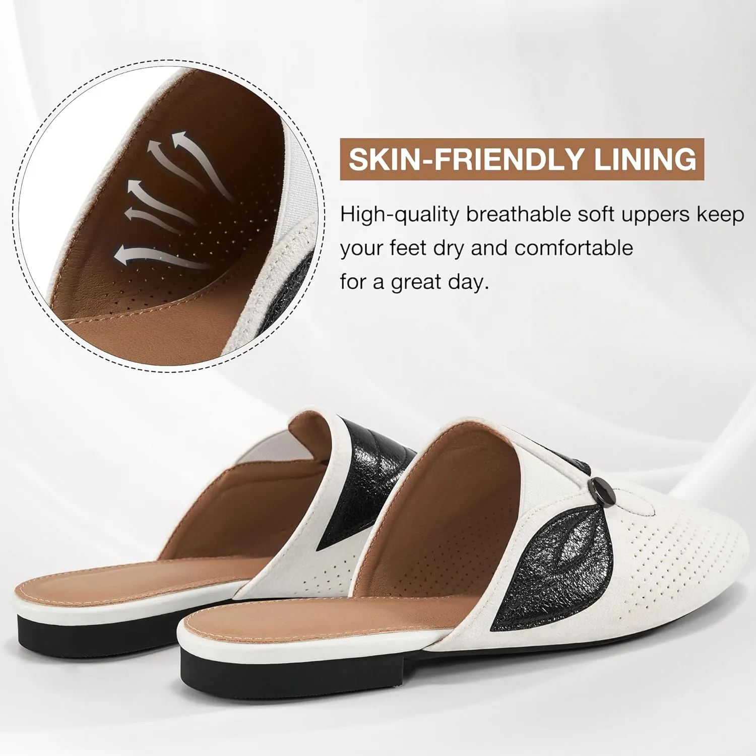 Ecetana Mules for Women Flat Shoes Comfortable Dressy Slip on Slides Round Toe Breathable Backless Loafers