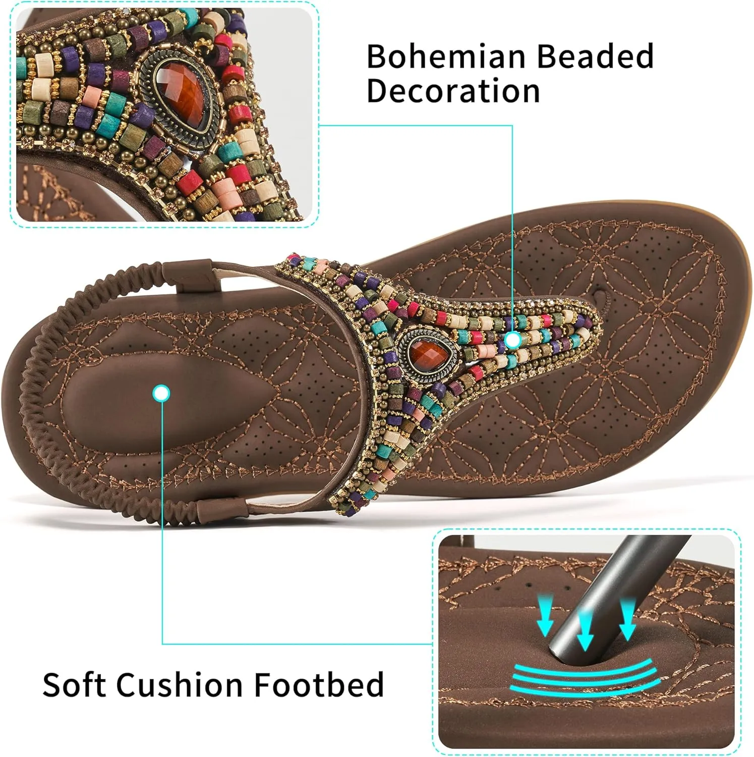 Ecetana Womens Sandals Dressy Flat with Bohemian Beaded Comfortable Casual Summer Slip On Ankle Elastic Thong Shoes