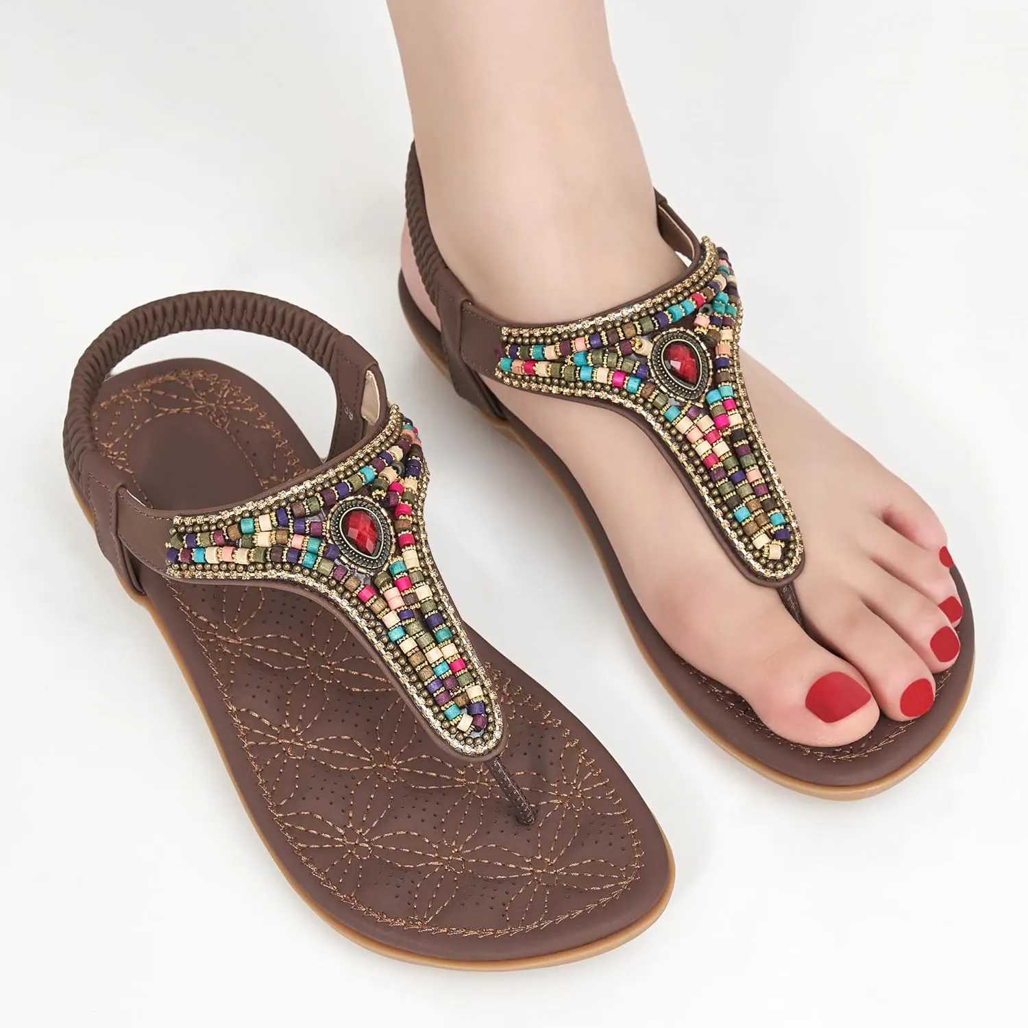 Ecetana Womens Sandals Dressy Flat with Bohemian Beaded Comfortable Casual Summer Slip On Ankle Elastic Thong Shoes