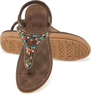 Ecetana Womens Sandals Dressy Flat with Bohemian Beaded Comfortable Casual Summer Slip On Ankle Elastic Thong Shoes