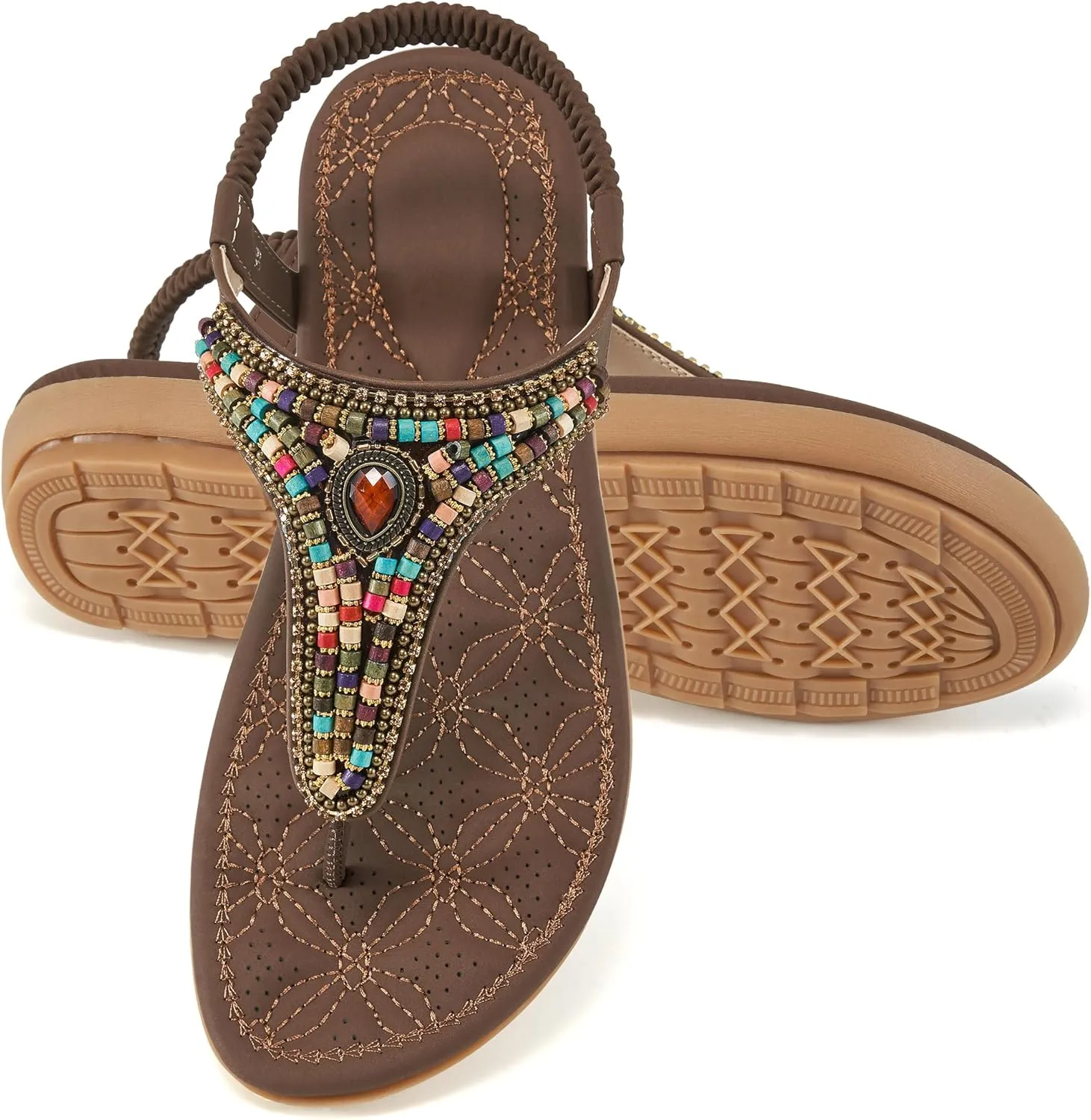 Ecetana Womens Sandals Dressy Flat with Bohemian Beaded Comfortable Casual Summer Slip On Ankle Elastic Thong Shoes