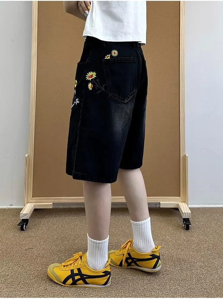 EMMIOL Denim Shorts Embroidered Jorts Baggy Wide Leg Summer Casual Jean Shorts Y2K Hip-Hop 2025 Fashion Streetwear