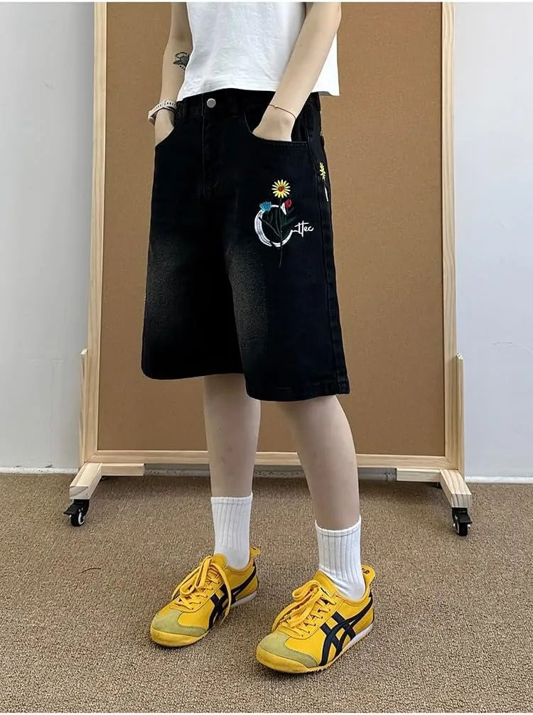 EMMIOL Denim Shorts Embroidered Jorts Baggy Wide Leg Summer Casual Jean Shorts Y2K Hip-Hop 2025 Fashion Streetwear