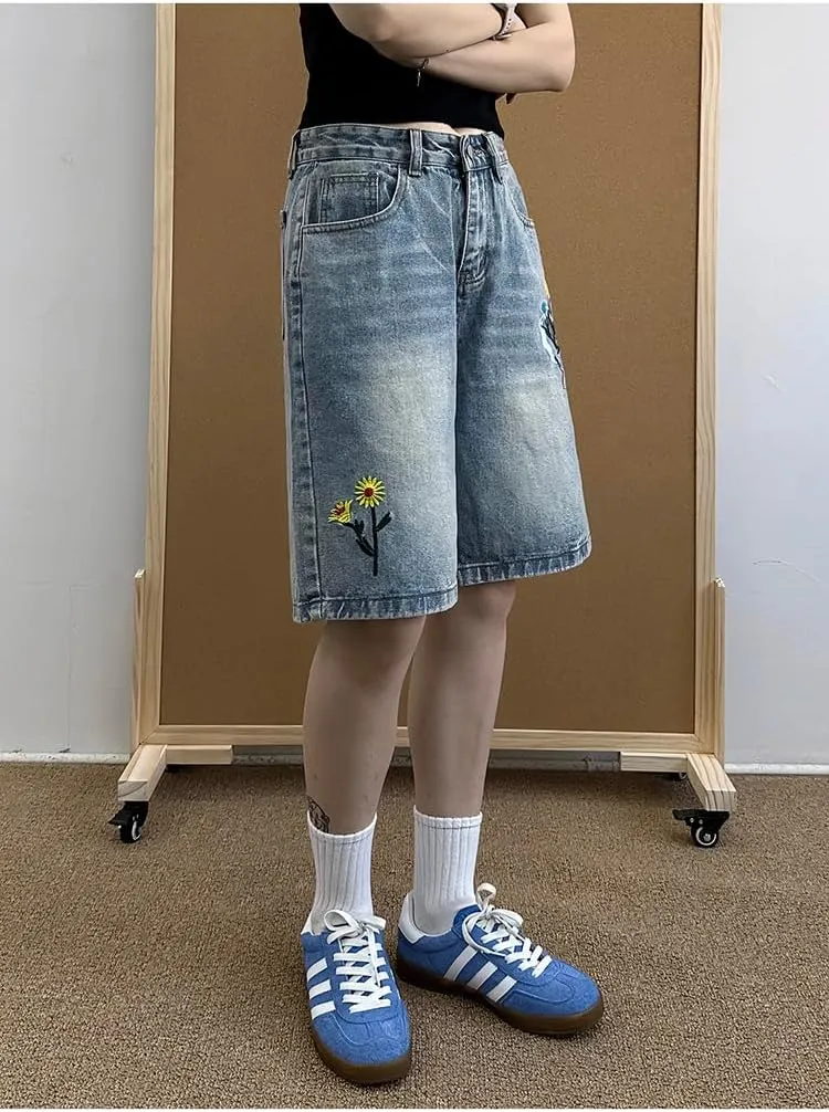 EMMIOL Denim Shorts Embroidered Jorts Baggy Wide Leg Summer Casual Jean Shorts Y2K Hip-Hop 2025 Fashion Streetwear