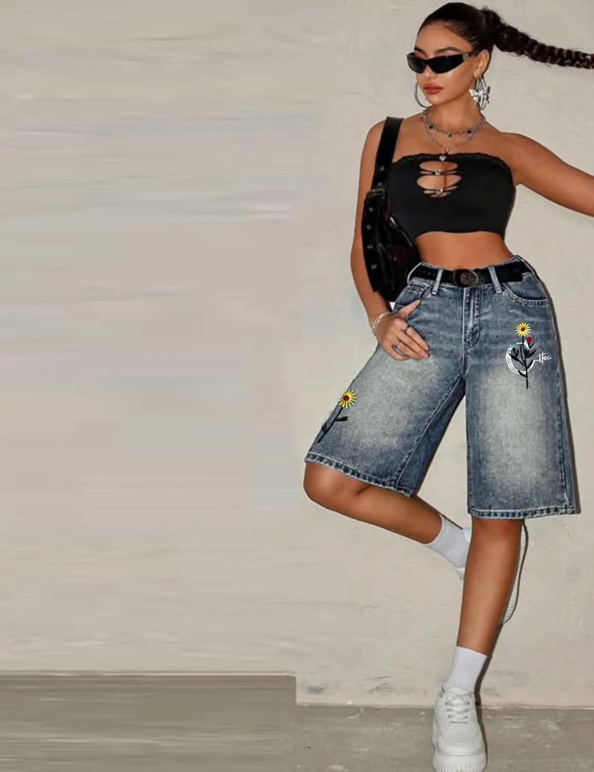 EMMIOL Denim Shorts Embroidered Jorts Baggy Wide Leg Summer Casual Jean Shorts Y2K Hip-Hop 2025 Fashion Streetwear