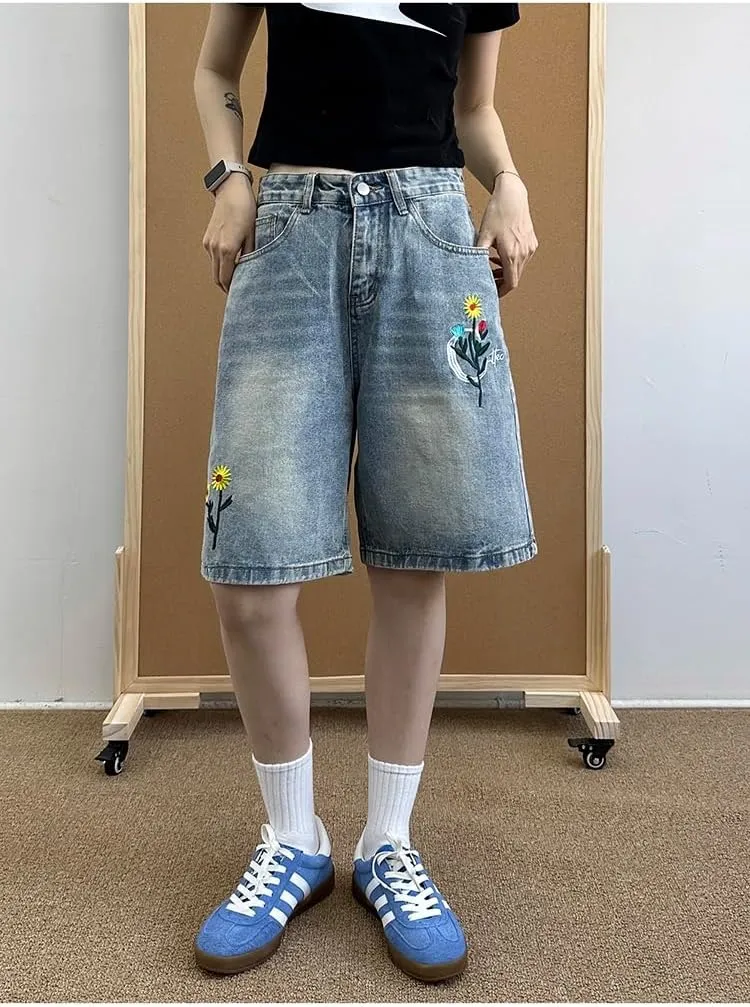 EMMIOL Denim Shorts Embroidered Jorts Baggy Wide Leg Summer Casual Jean Shorts Y2K Hip-Hop 2025 Fashion Streetwear