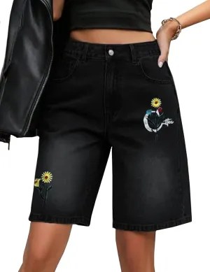 EMMIOL Denim Shorts Embroidered Jorts Baggy Wide Leg Summer Casual Jean Shorts Y2K Hip-Hop 2025 Fashion Streetwear