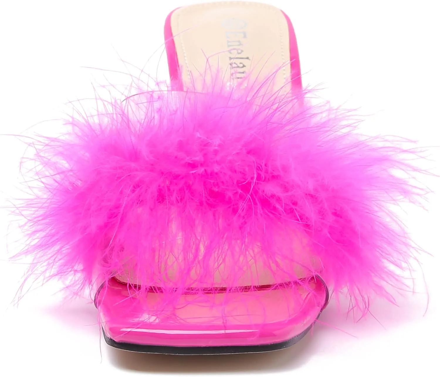 Enelauge Women's Square Toe Sandal Fluffy Feather Clear High Heels Sandals Mules Backless Slip On Slipper Dress Shoes