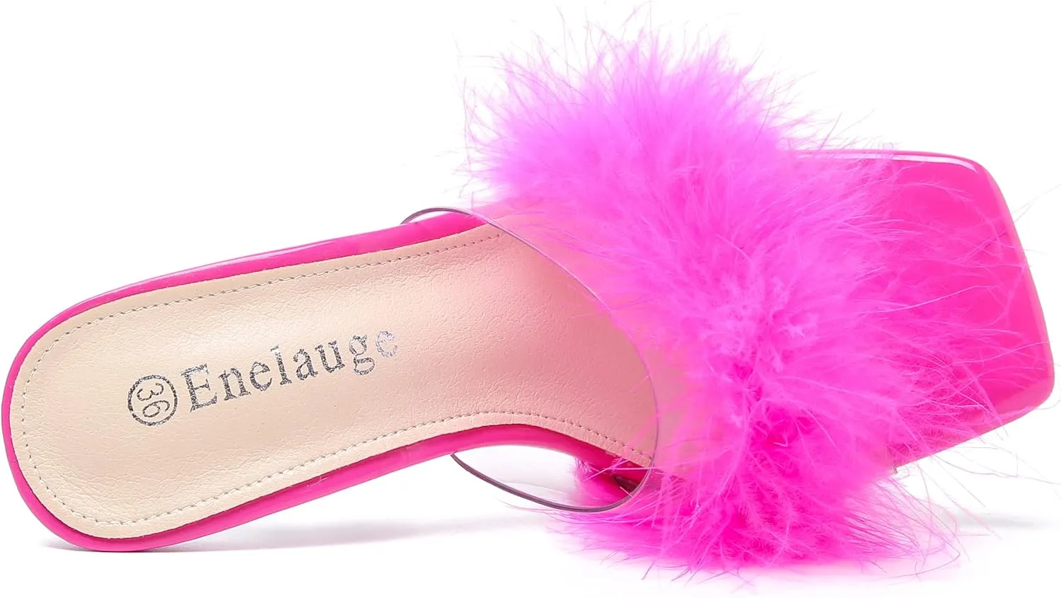 Enelauge Women's Square Toe Sandal Fluffy Feather Clear High Heels Sandals Mules Backless Slip On Slipper Dress Shoes