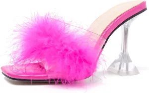 Enelauge Women's Square Toe Sandal Fluffy Feather Clear High Heels Sandals Mules Backless Slip On Slipper Dress Shoes