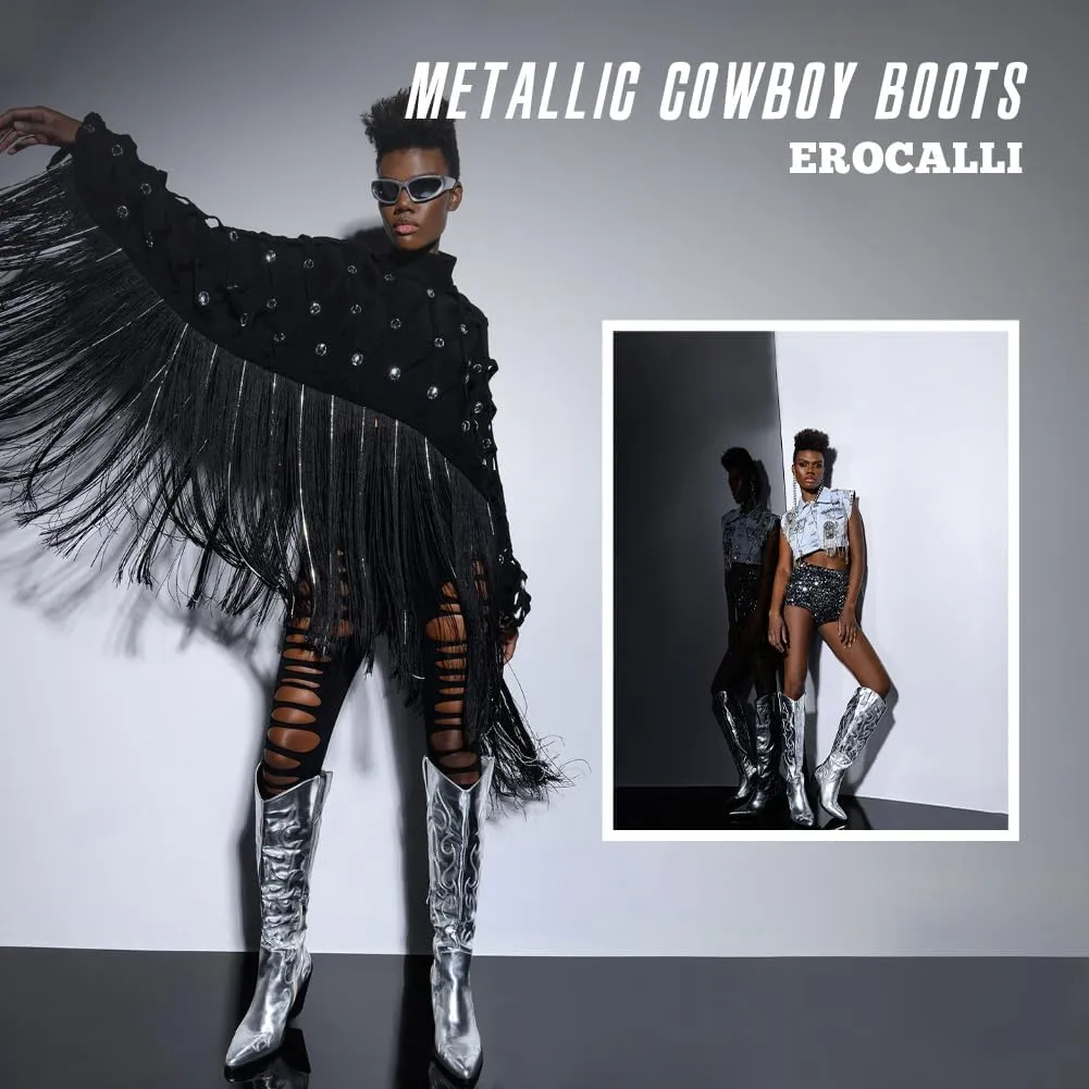 Erocalli Cowboy Boots for Women Cowgirl Knee High Boots Metallic Pull On Almond Toe Boots Embroidered Side Half Zip Western Boots