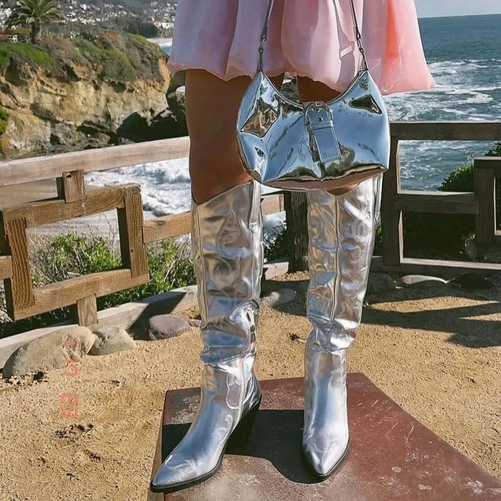 Erocalli Cowboy Boots for Women Cowgirl Knee High Boots Metallic Pull On Almond Toe Boots Embroidered Side Half Zip Western Boots