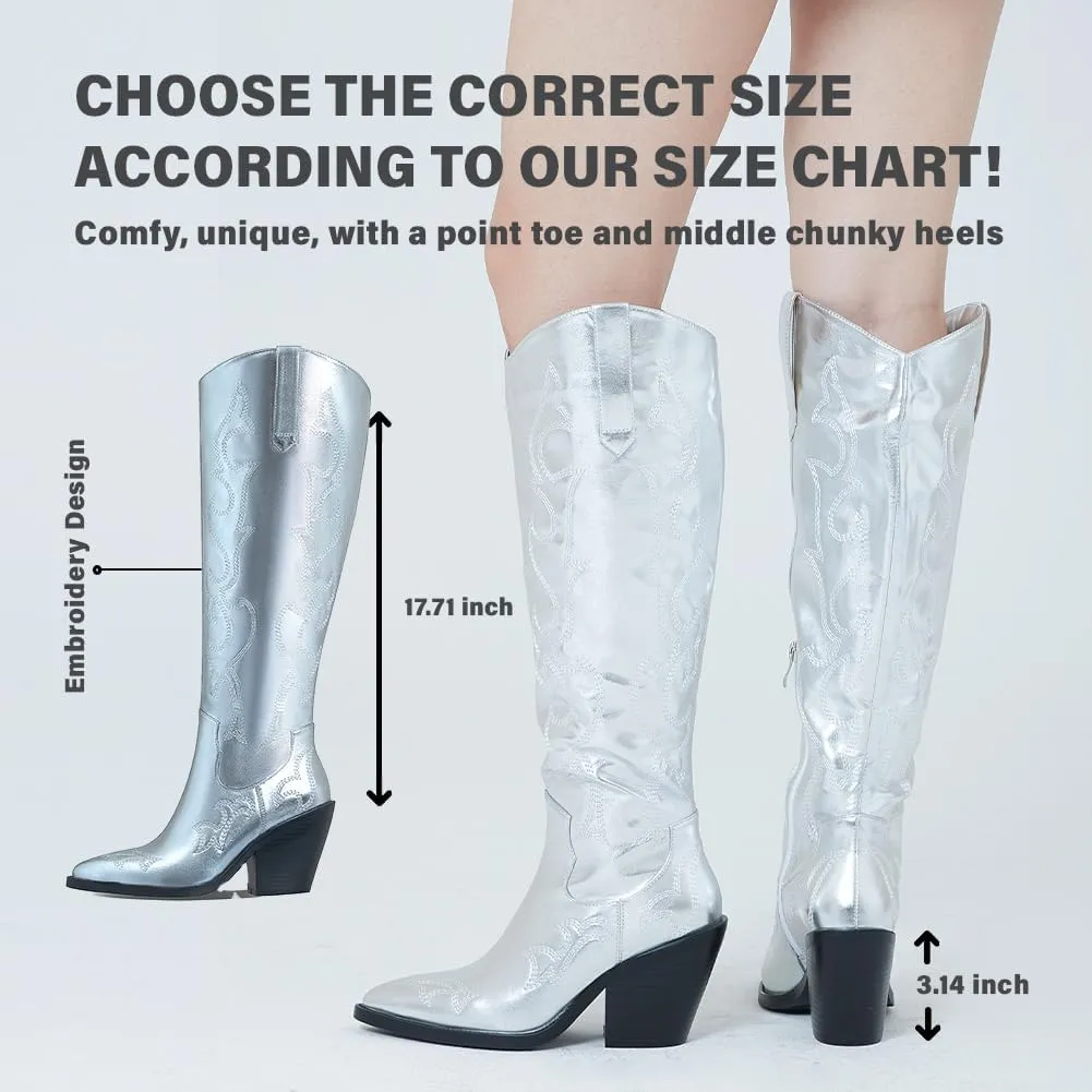 Erocalli Cowboy Boots for Women Cowgirl Knee High Boots Metallic Pull On Almond Toe Boots Embroidered Side Half Zip Western Boots