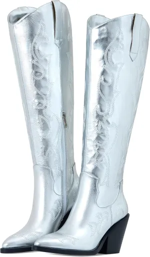 Erocalli Cowboy Boots for Women Cowgirl Knee High Boots Metallic Pull On Almond Toe Boots Embroidered Side Half Zip Western Boots