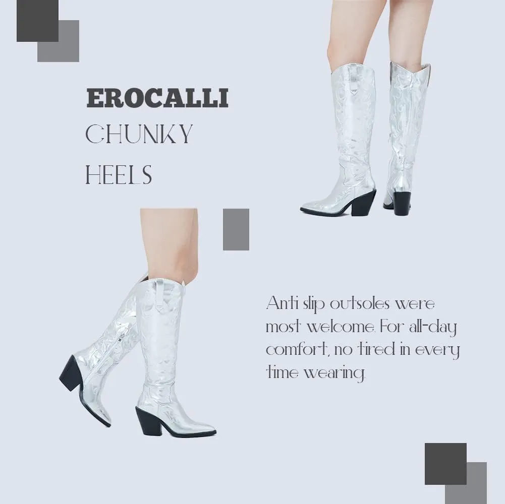 Erocalli Cowboy Boots for Women Cowgirl Knee High Boots Metallic Pull On Almond Toe Boots Embroidered Side Half Zip Western Boots