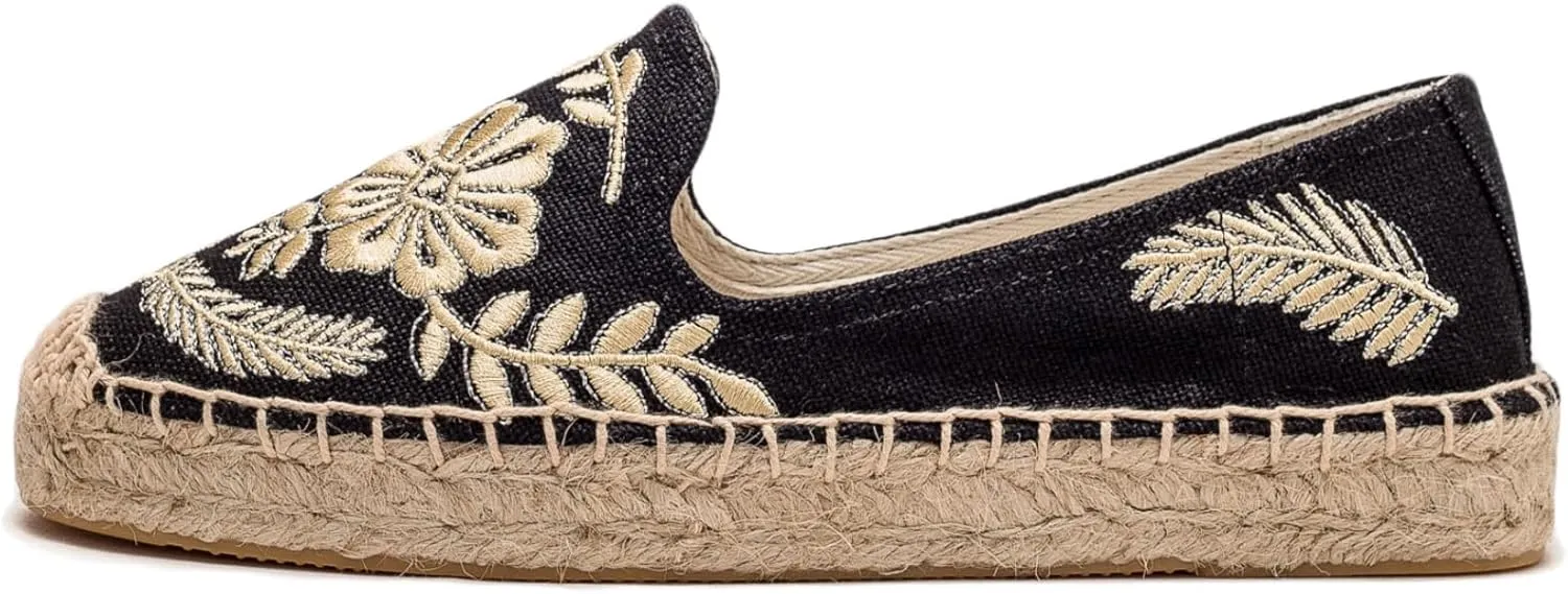 Espadrilles for Women - Casual Loafers Thick Sole Embroidery Flat Round-Toe Design Non-Slip Bottom Easy to On Off Suitable for Work,Outdoor,Home