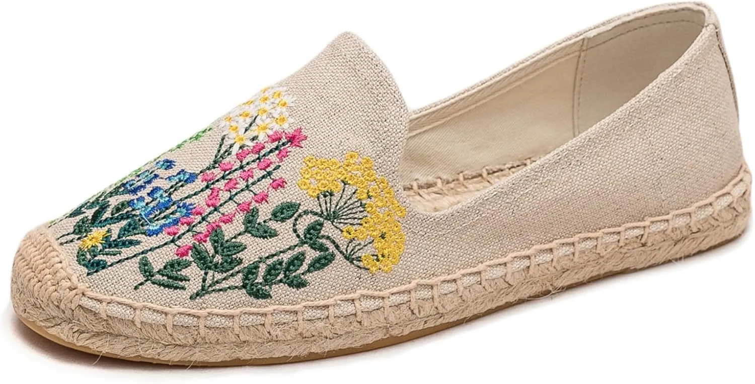 Espadrilles for Women - Casual Loafers Thick Sole Embroidery Flat Round-Toe Design Non-Slip Bottom Easy to On Off Suitable for Work,Outdoor,Home