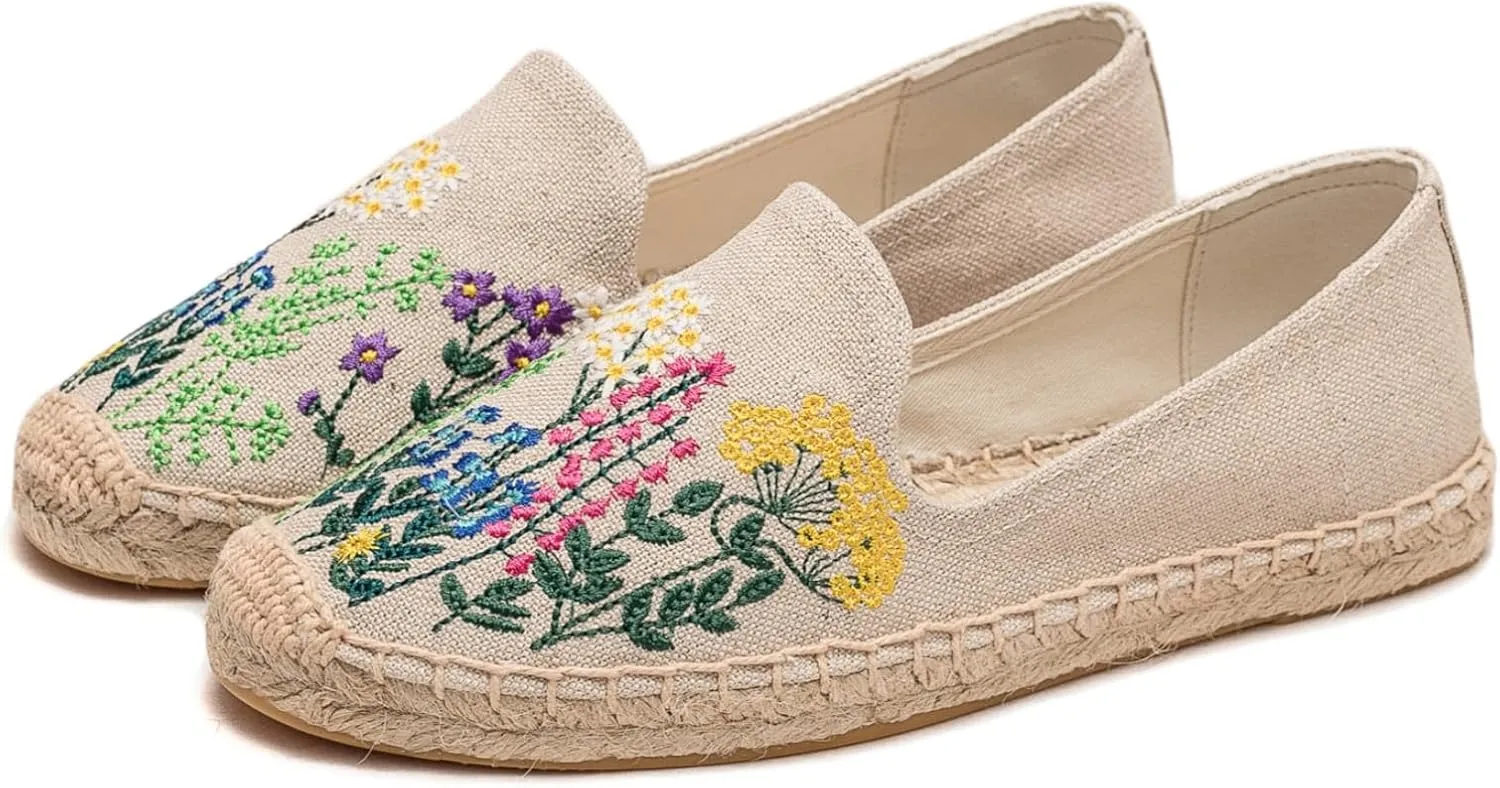 Espadrilles for Women - Casual Loafers Thick Sole Embroidery Flat Round-Toe Design Non-Slip Bottom Easy to On Off Suitable for Work,Outdoor,Home