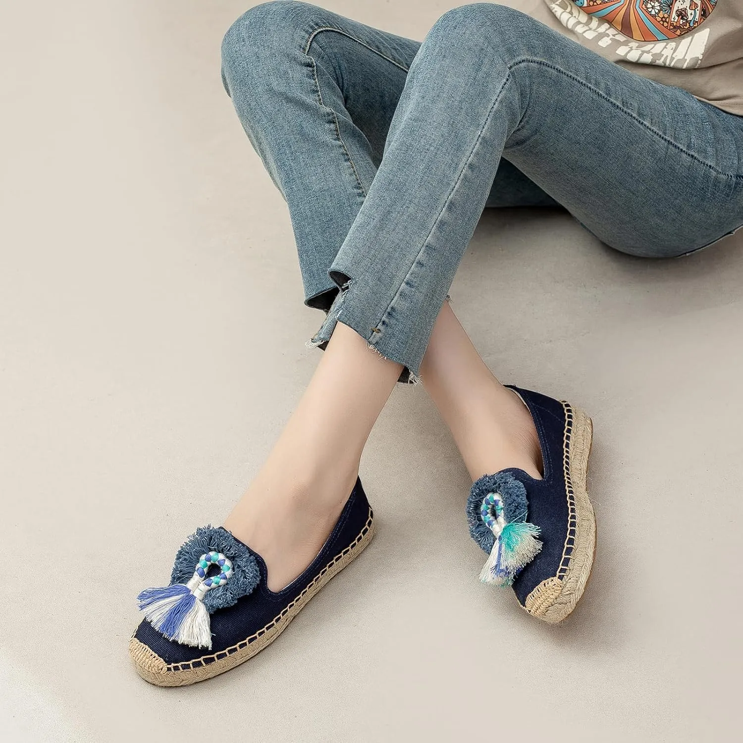 Espadrilles Loafers for Women - Comfort Round-Toe Women's Espadrille Simple Embroidered Espadrille Easy to Wear Suitable for Match T-Shirts,Dress,Jeans