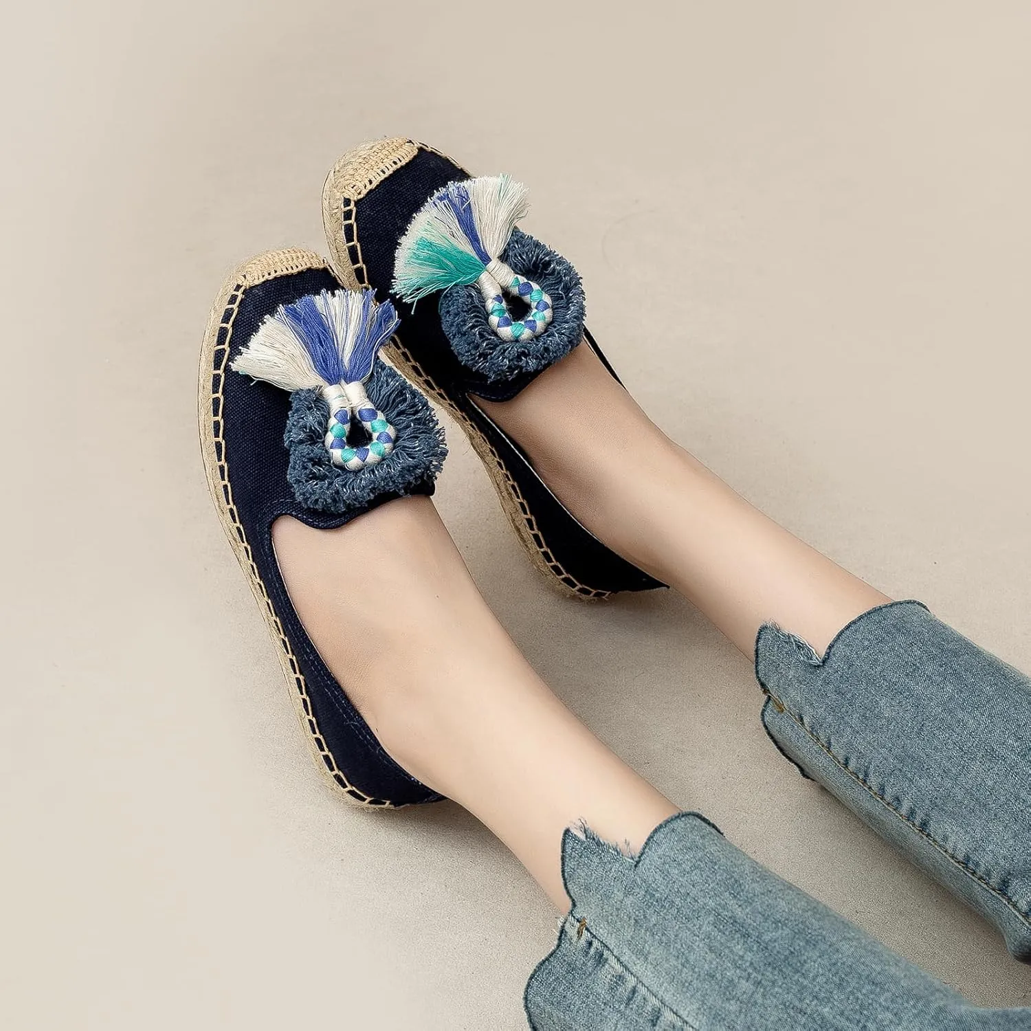 Espadrilles Loafers for Women - Comfort Round-Toe Women's Espadrille Simple Embroidered Espadrille Easy to Wear Suitable for Match T-Shirts,Dress,Jeans