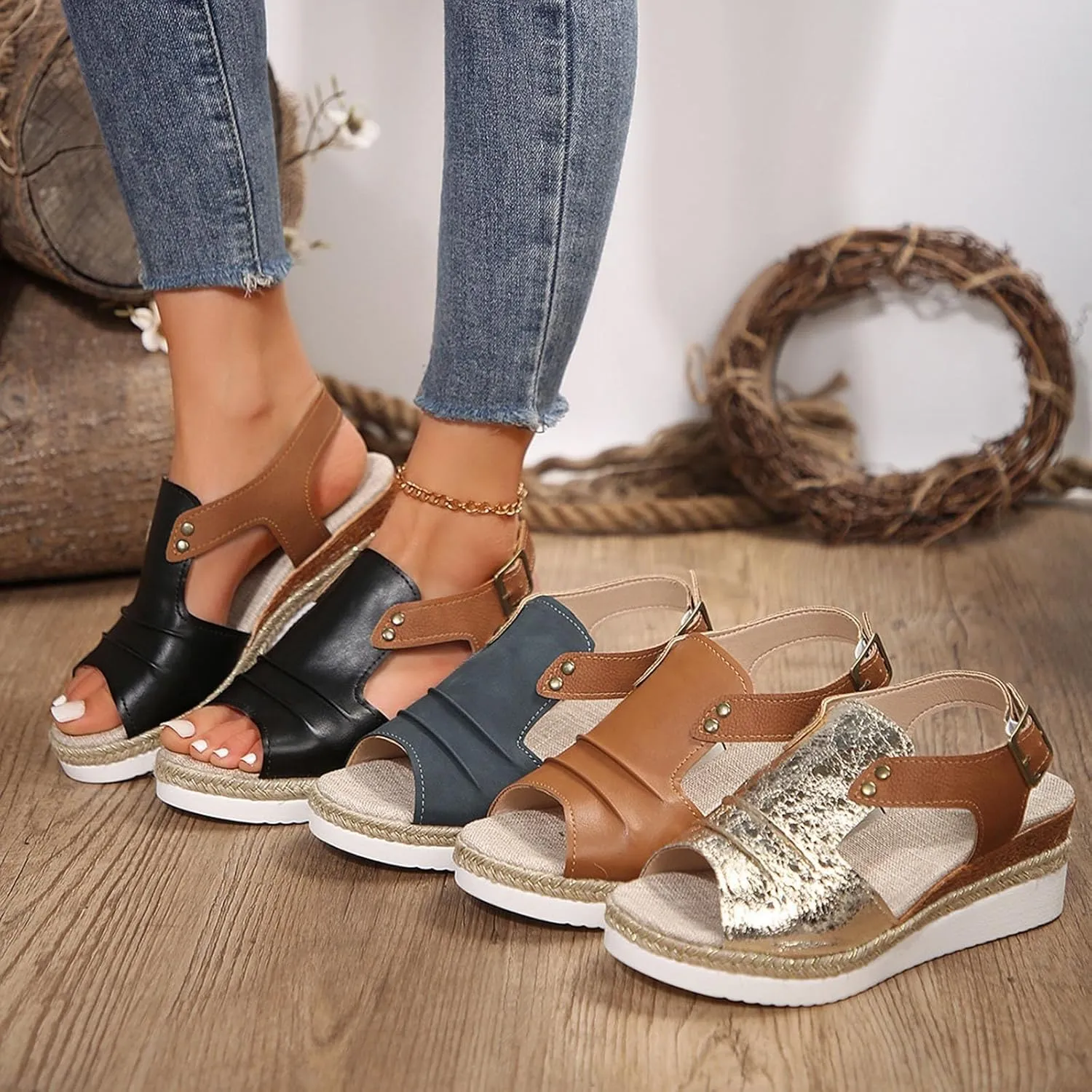 Espadrilles Wedge Sandals for Women,Open Toe Sandals Women Summer Dressy 2025 Comfortable Low Wedge Sandals Casual Slip On Sandals Strappy Sandals Fashion Platform Wedge Sandals