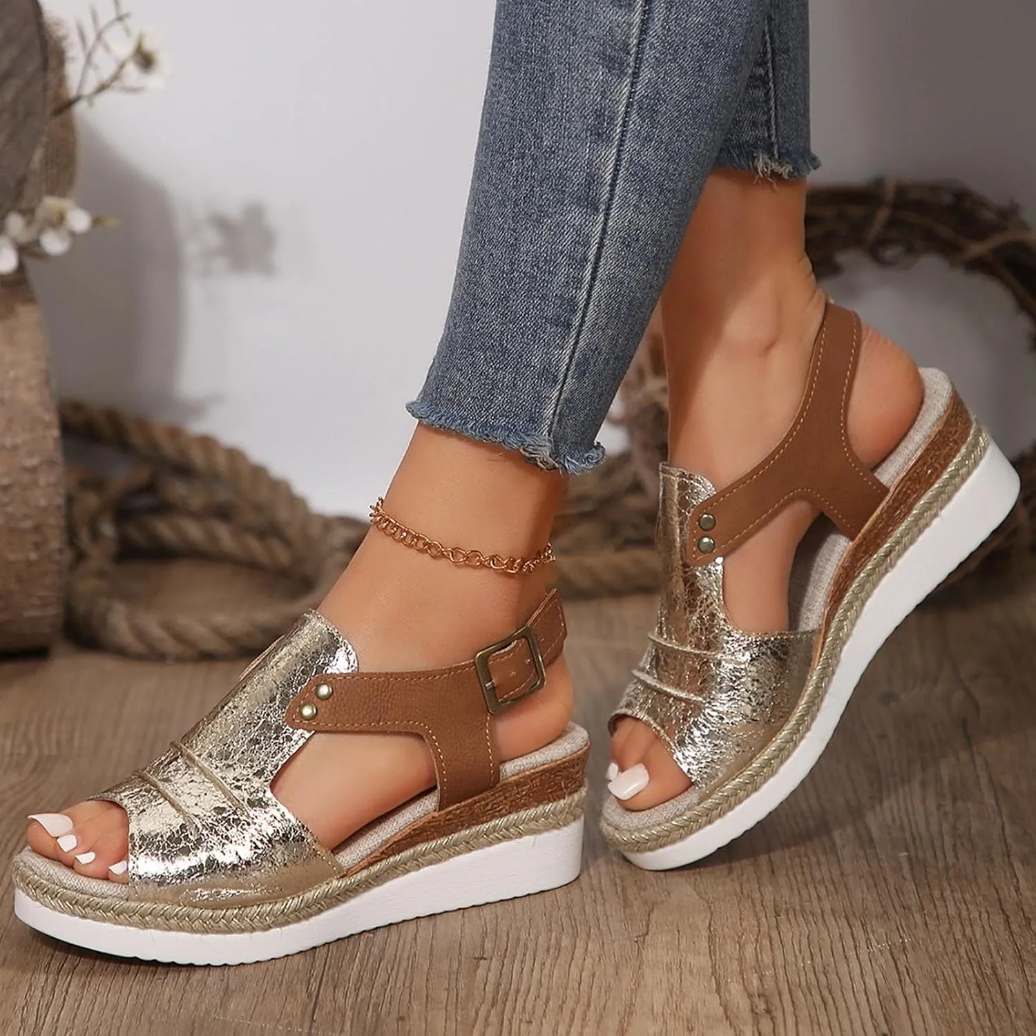 Espadrilles Wedge Sandals for Women,Open Toe Sandals Women Summer Dressy 2025 Comfortable Low Wedge Sandals Casual Slip On Sandals Strappy Sandals Fashion Platform Wedge Sandals