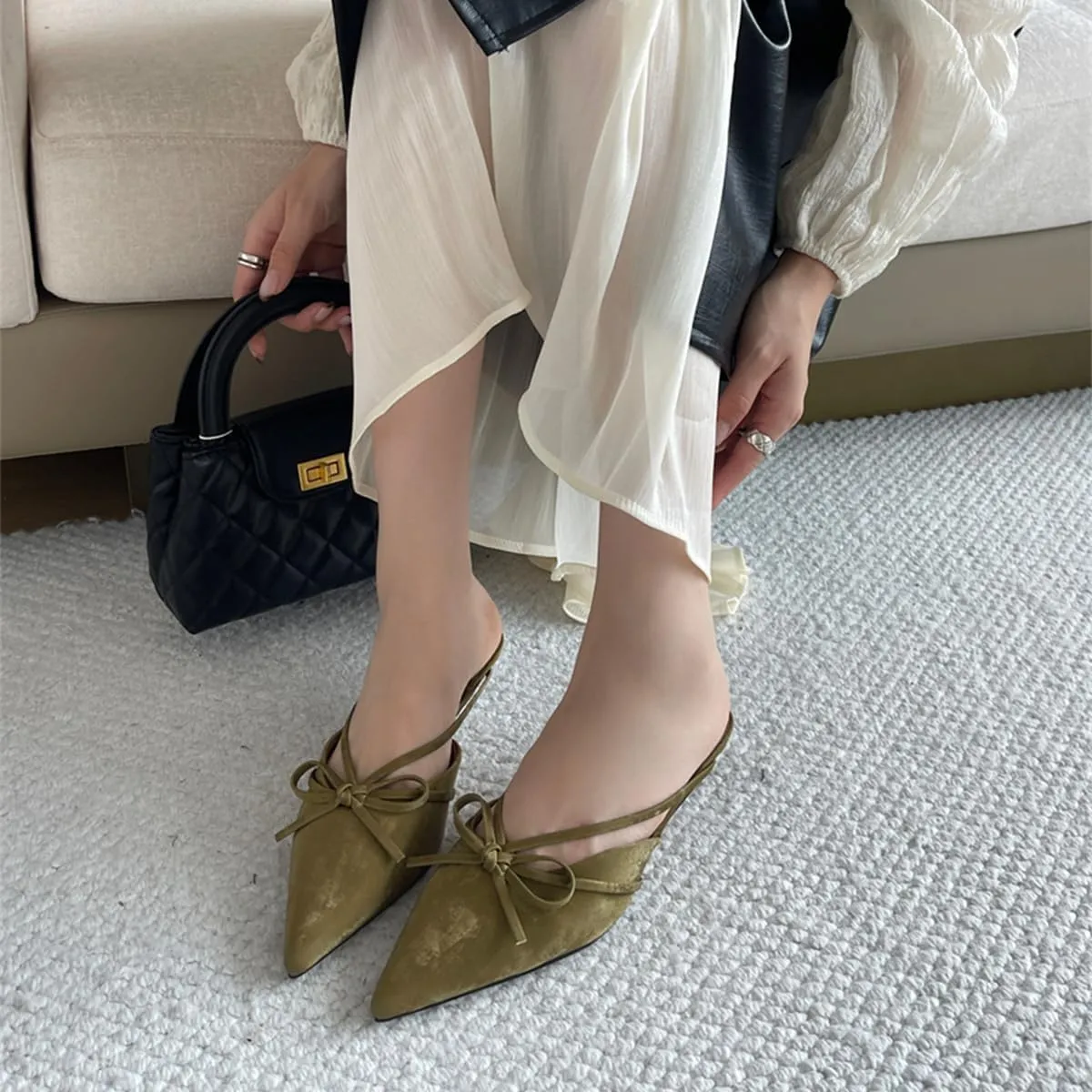 Fashion Kitten Heel Bow Mules for Women Slip On Mules Backless Kitten Heel Pumps
