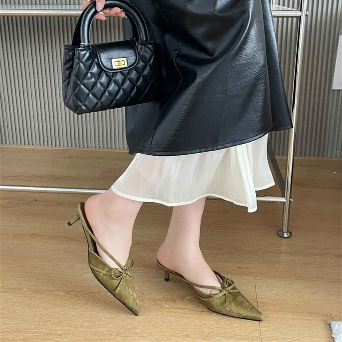 Fashion Kitten Heel Bow Mules for Women Slip On Mules Backless Kitten Heel Pumps