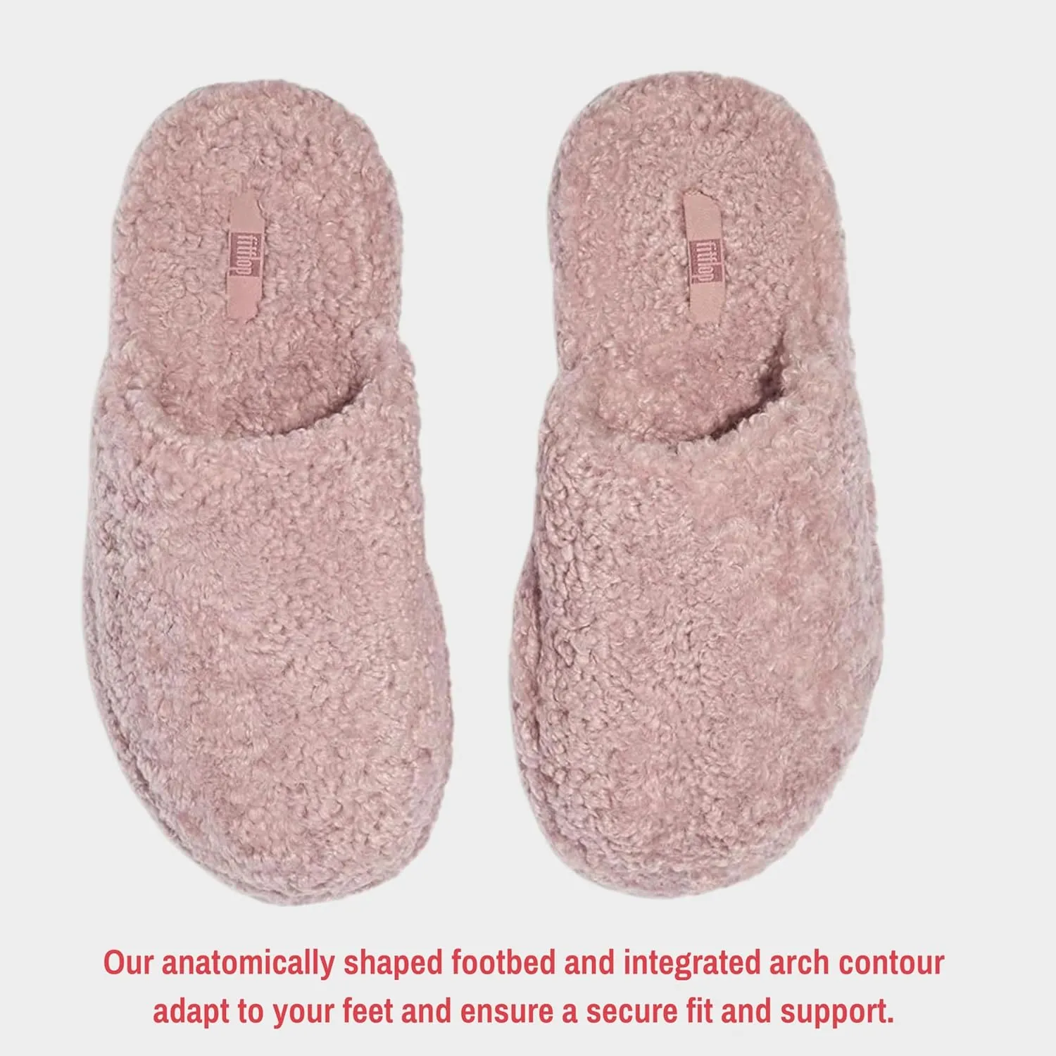 FitFlop iQushion D Luxe Padded Teddy Slipper Mules - Women's Fluffy Cozy House Shoes, Indoor Outdoor Slippers with Arch Support, Ultra Light Cushioning, Slip Resistant Rubber Sole