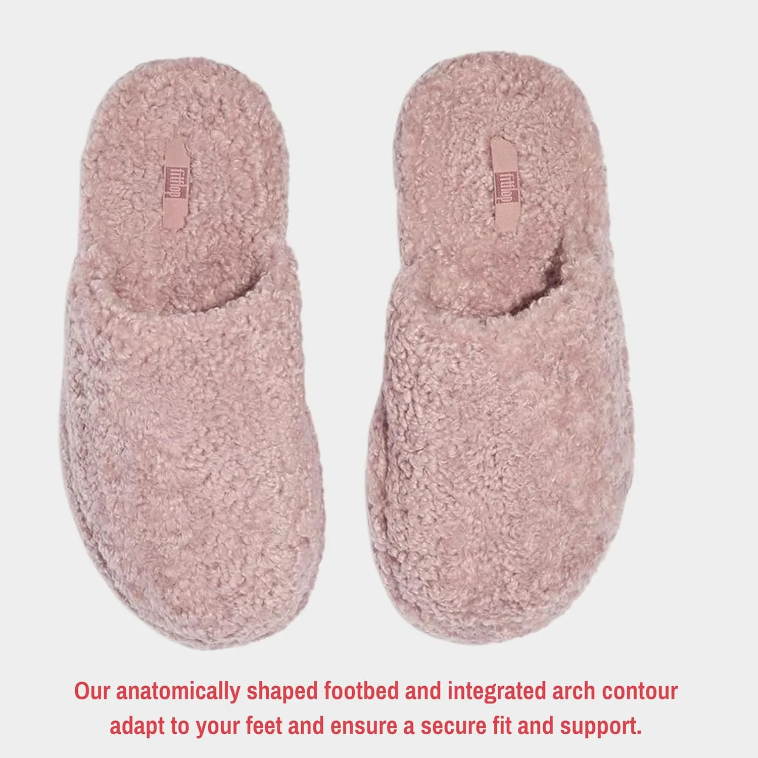 FitFlop iQushion D Luxe Padded Teddy Slipper Mules - Women's Fluffy Cozy House Shoes, Indoor Outdoor Slippers with Arch Support, Ultra Light Cushioning, Slip Resistant Rubber Sole
