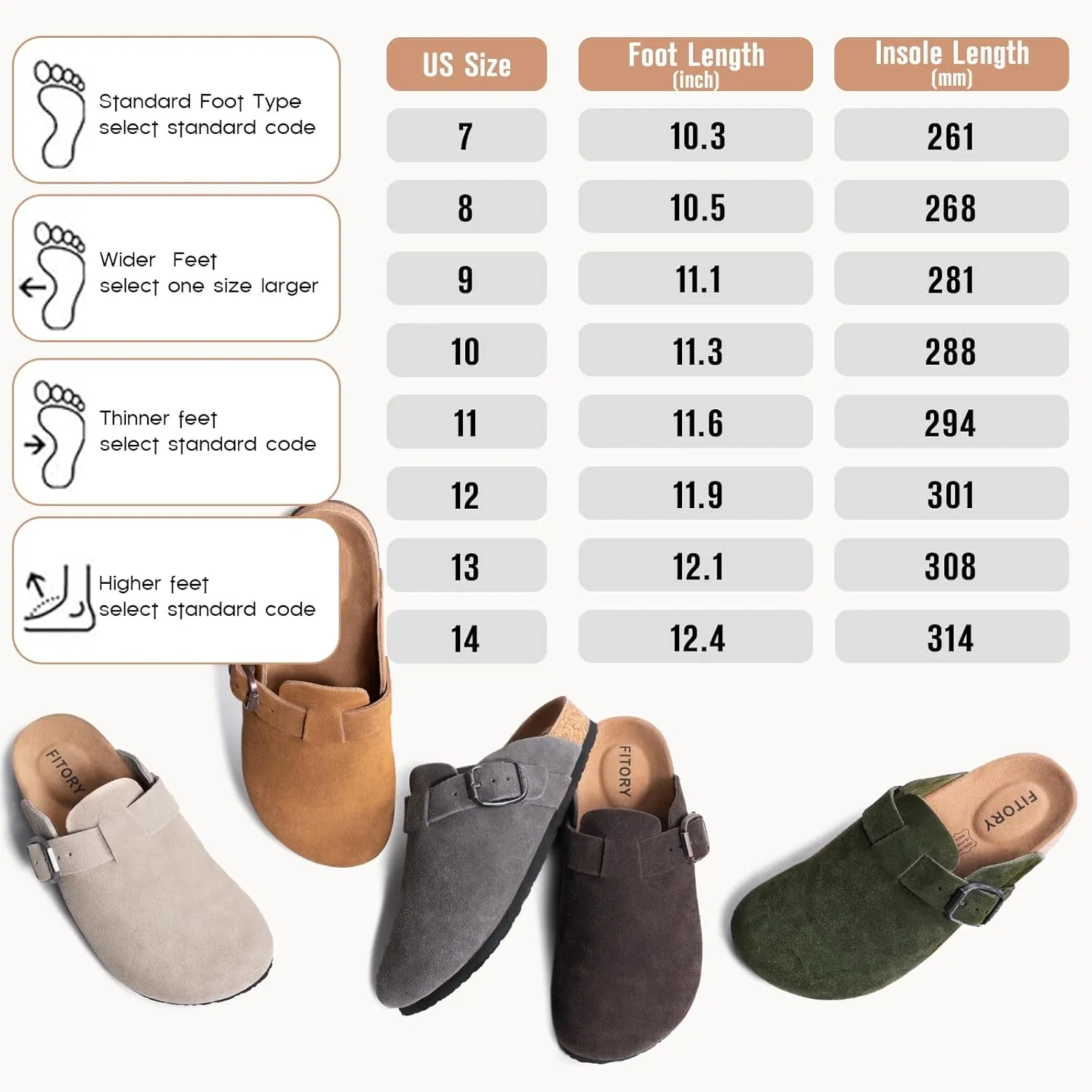 FITORY Mens Suede Clogs with Arch Support，Leather Cork Footed Mules Size 7-14