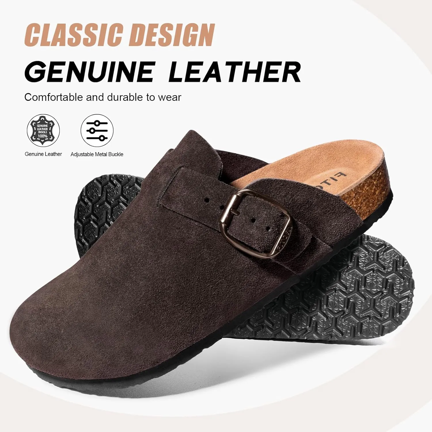 FITORY Mens Suede Clogs with Arch Support，Leather Cork Footed Mules Size 7-14