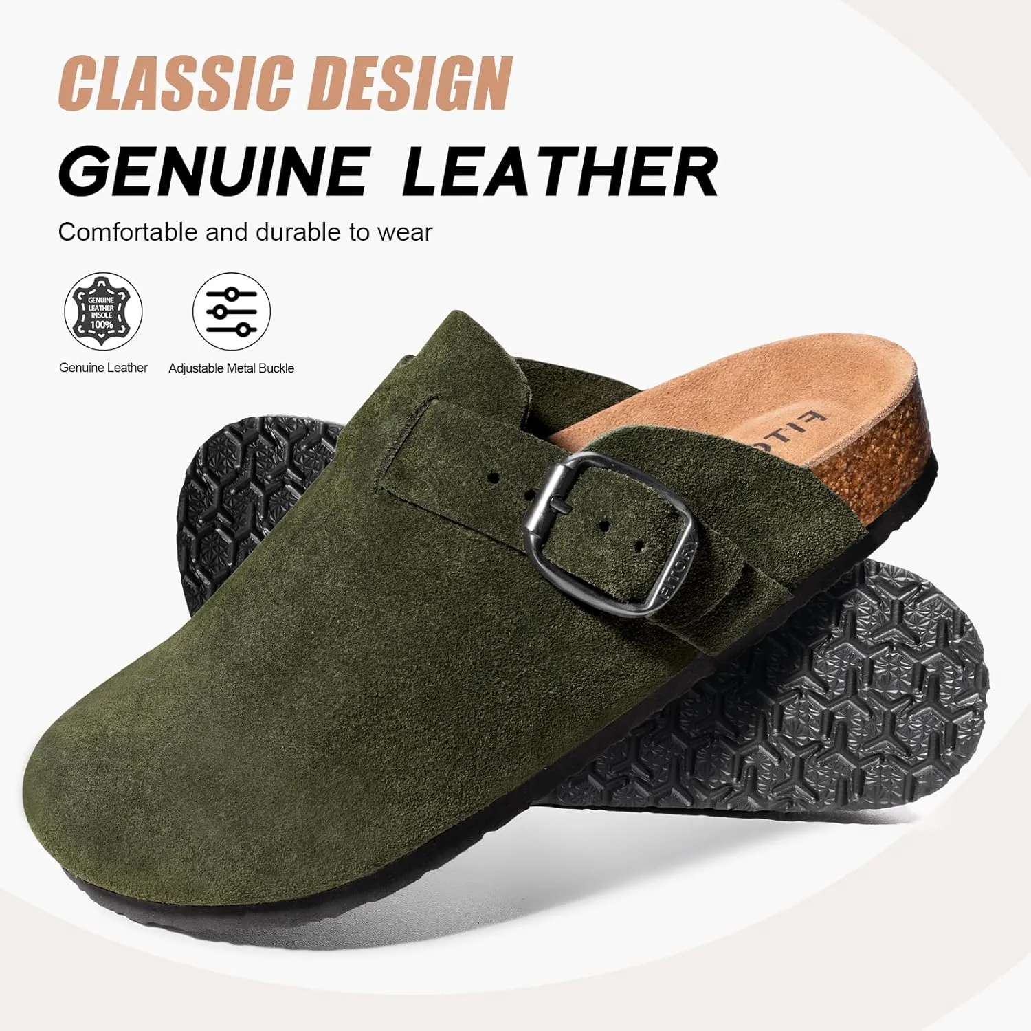 FITORY Mens Suede Clogs with Arch Support，Leather Cork Footed Mules Size 7-14