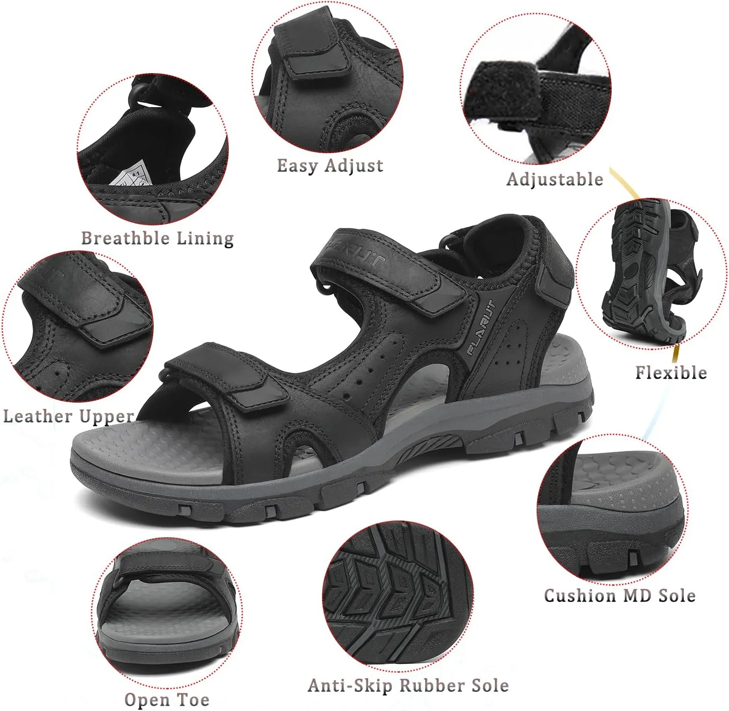 FLARUT Men's Athletic Sandals Sport Outdoor Hiking Sandals Open Toe Leather Walking Sandals Beach Water Shoes