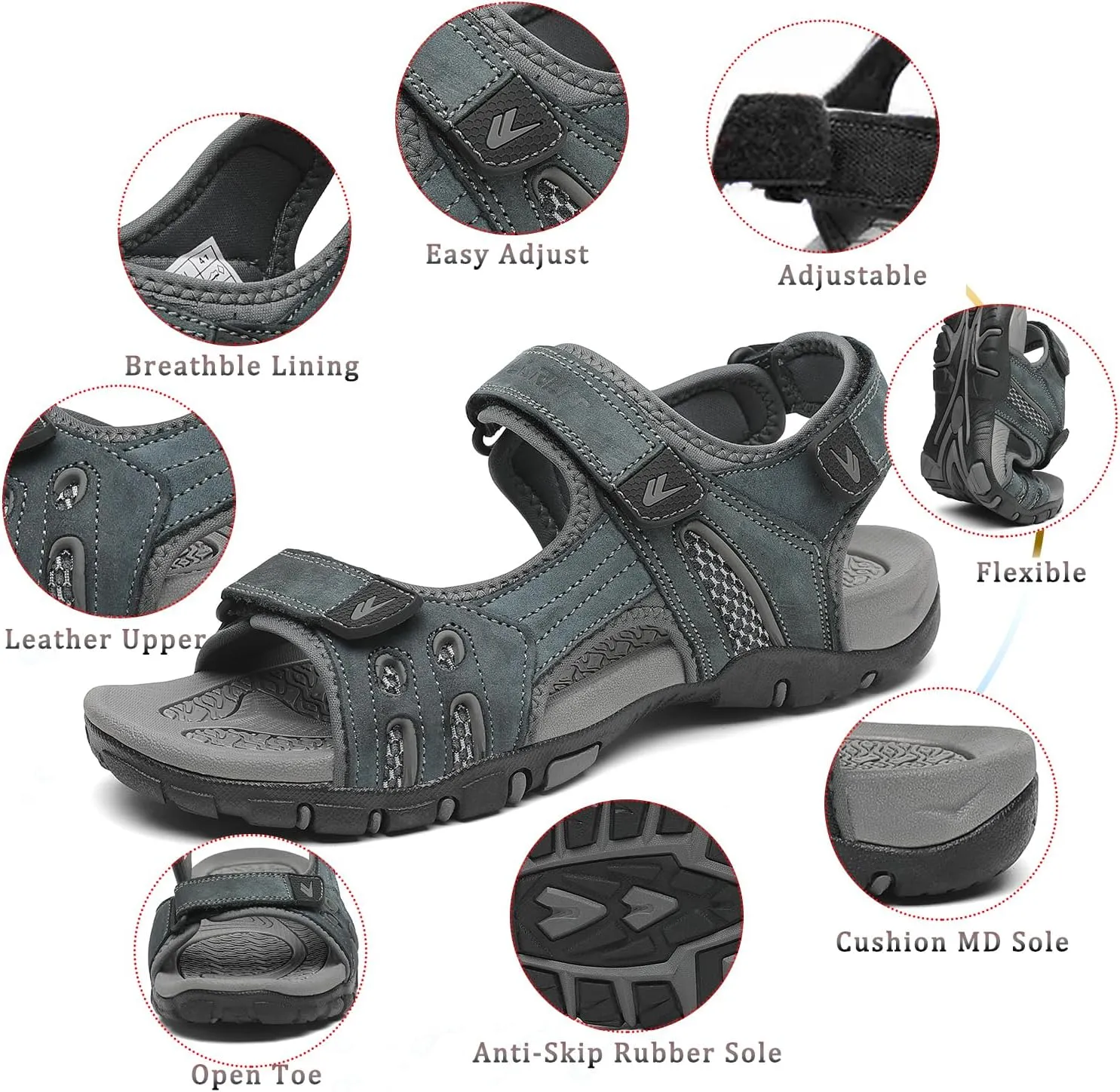 FLARUT Men's Athletic Sandals Sport Outdoor Hiking Sandals Open Toe Leather Walking Sandals Beach Water Shoes