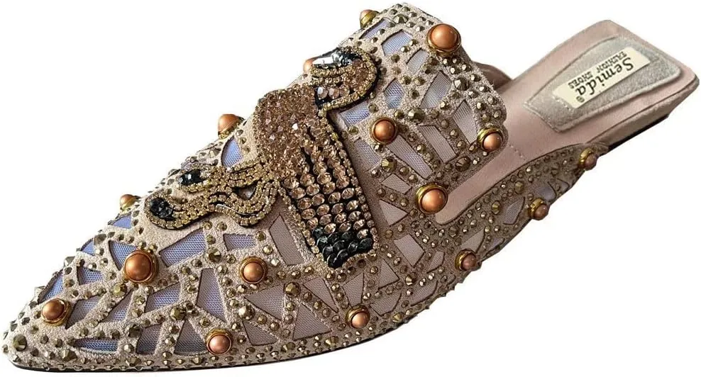 Flat Mules for Women Pointed-Toe Mules Slides Bohemian Rivet Beads Slip-on Loafers Slippers Lady Dress Sandals