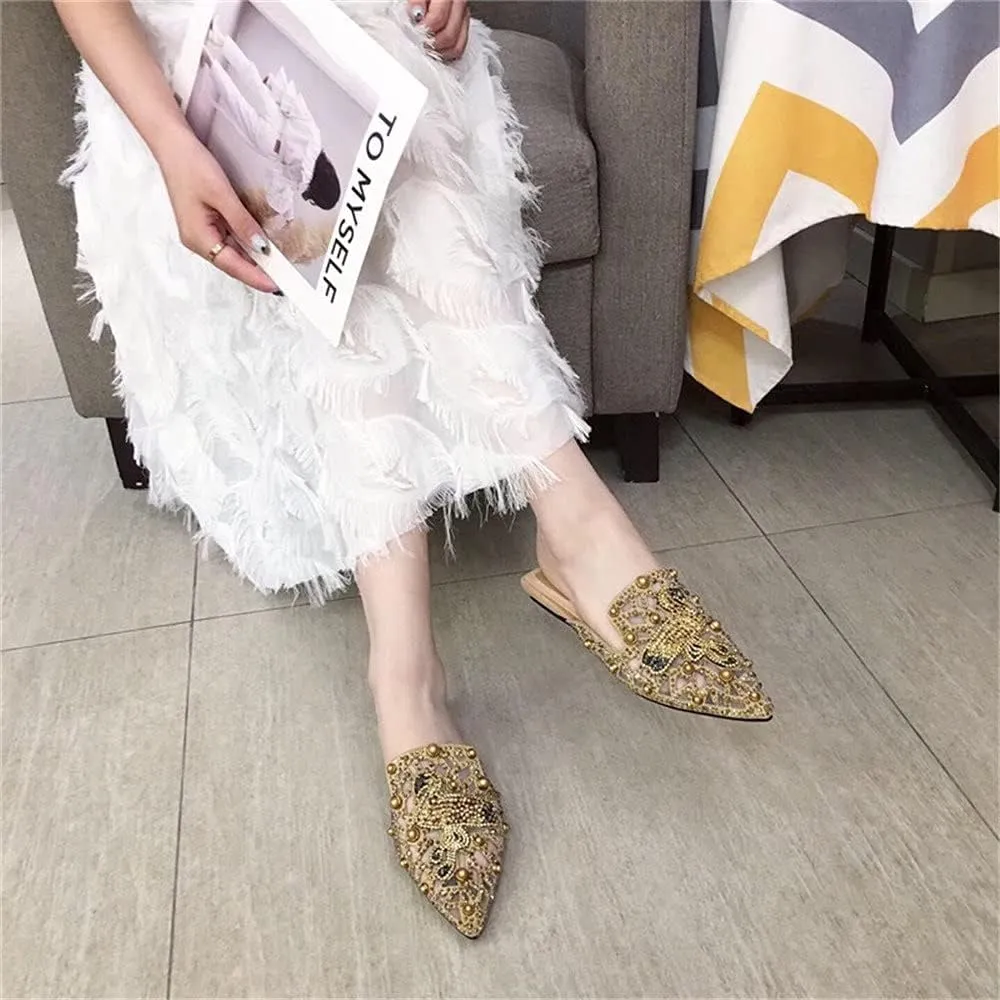 Flat Mules for Women Pointed-Toe Mules Slides Bohemian Rivet Beads Slip-on Loafers Slippers Lady Dress Sandals